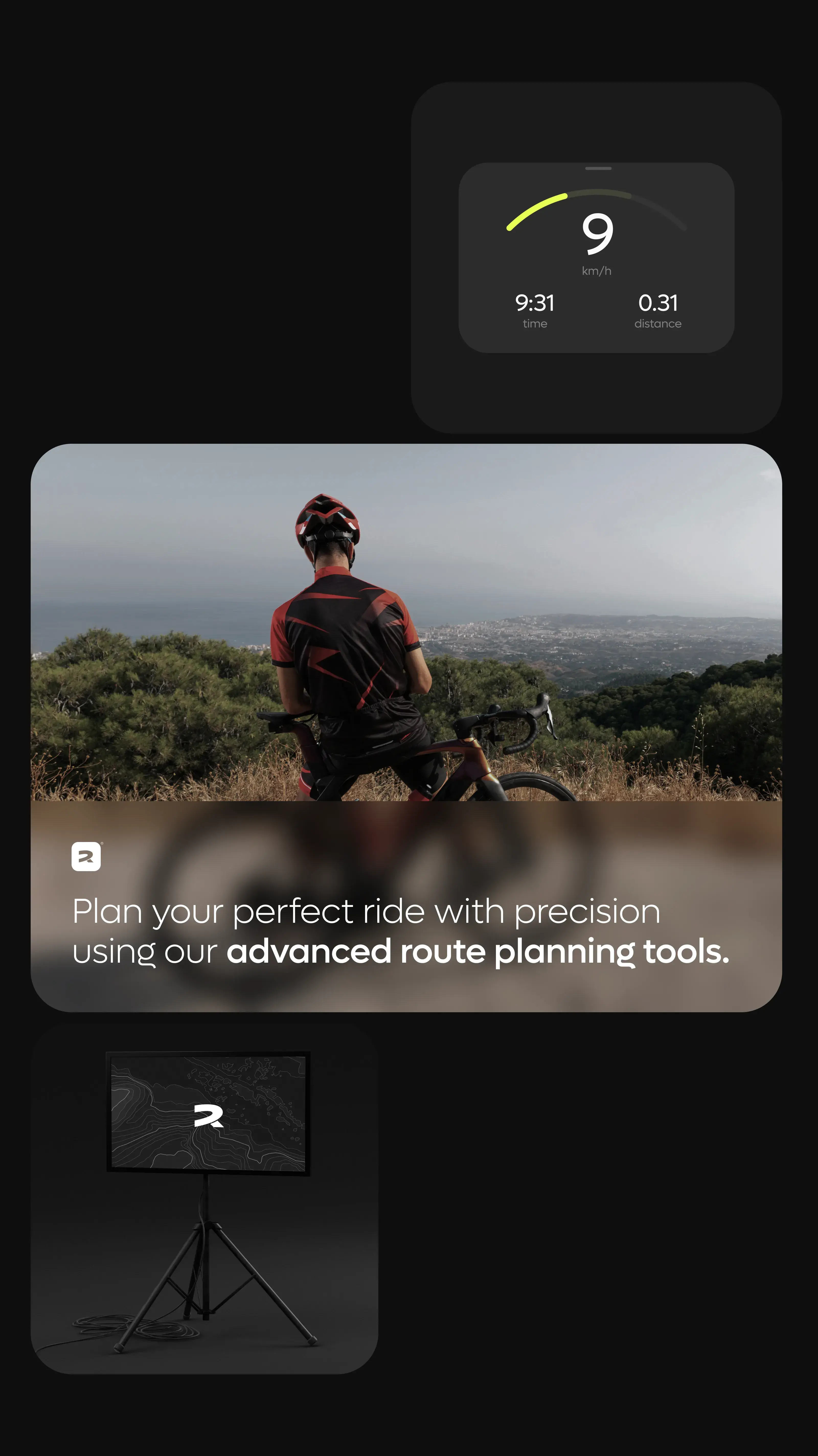 Screenshot of a bicycle route mobile app on a phone, displaying ride time, distance, and route planning text on a trail. Screenshot of a bicycle route mobile app on a phone, displaying ride time, distance, and route planning text on a trail.