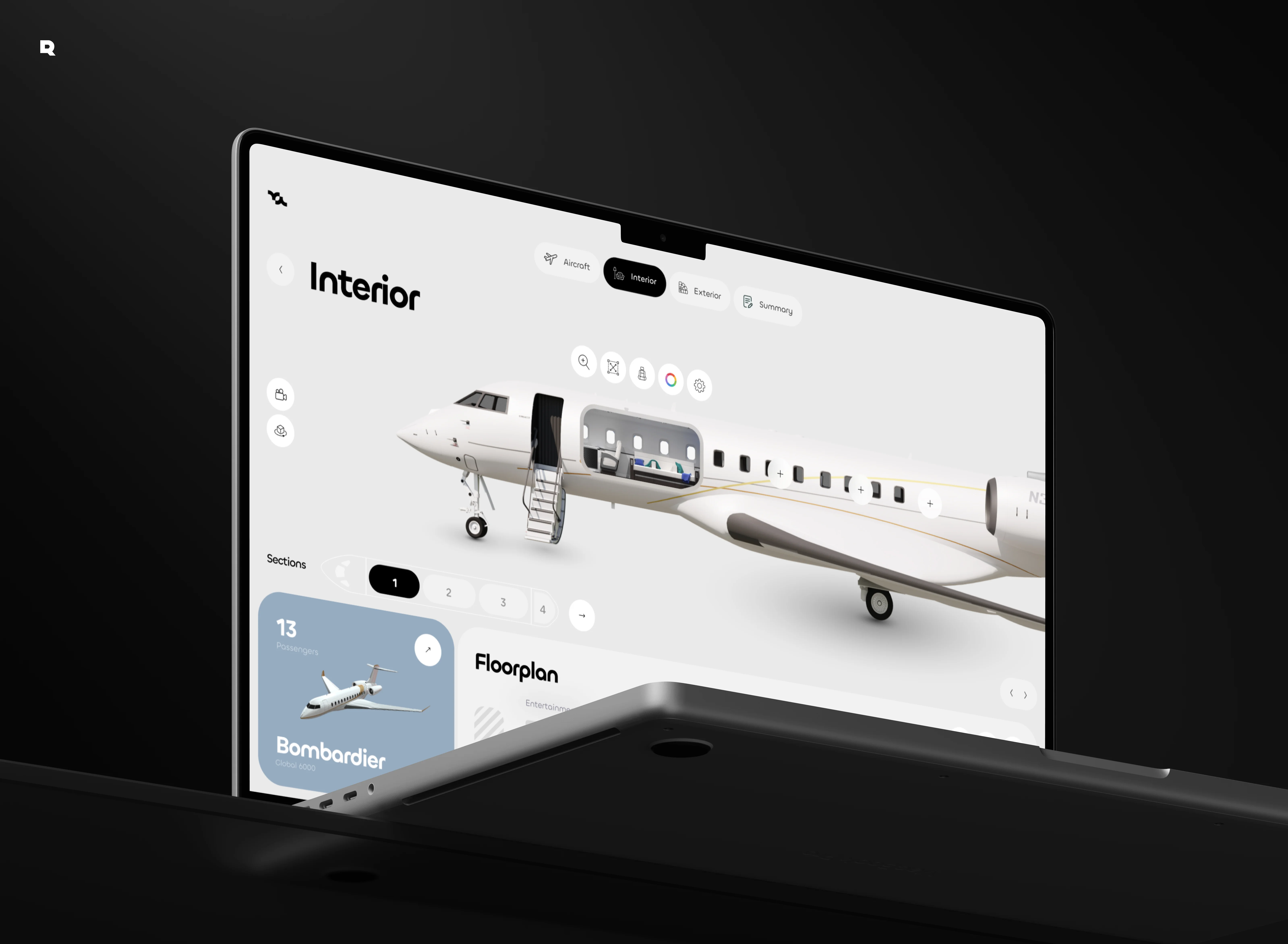 Screenshot of a smartphone displaying Bombardier Global 6000 aircraft interior/exterior details.
