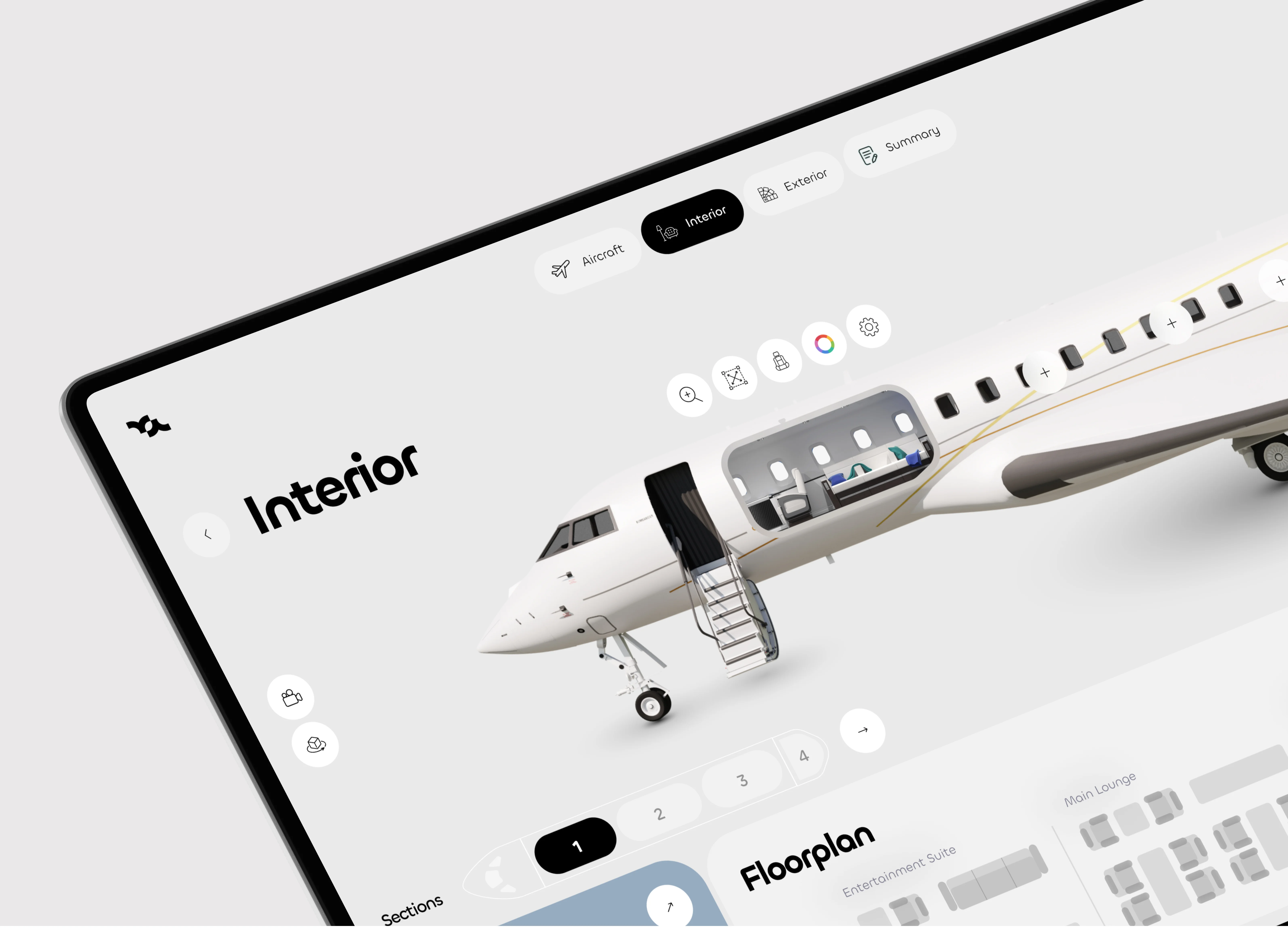 Screenshot of a design interface showing interior and exterior sections of a Bombardier aircraft. Screenshot of a design interface showing interior and exterior sections of a Bombardier aircraft.