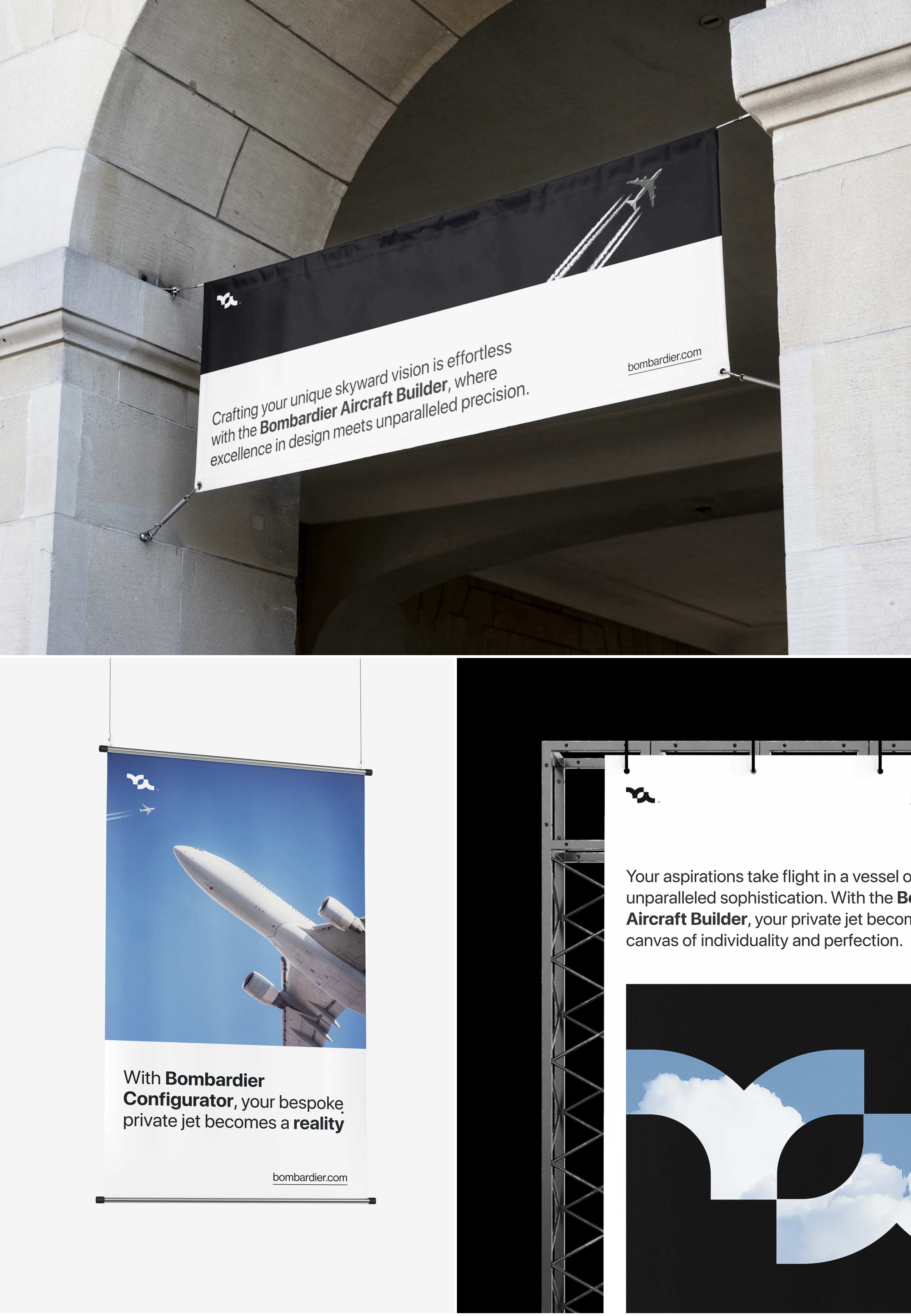 UI/UX design mockup showing Bombardier website concepts featuring an airplane. UI/UX design mockup showing Bombardier website concepts featuring an airplane.