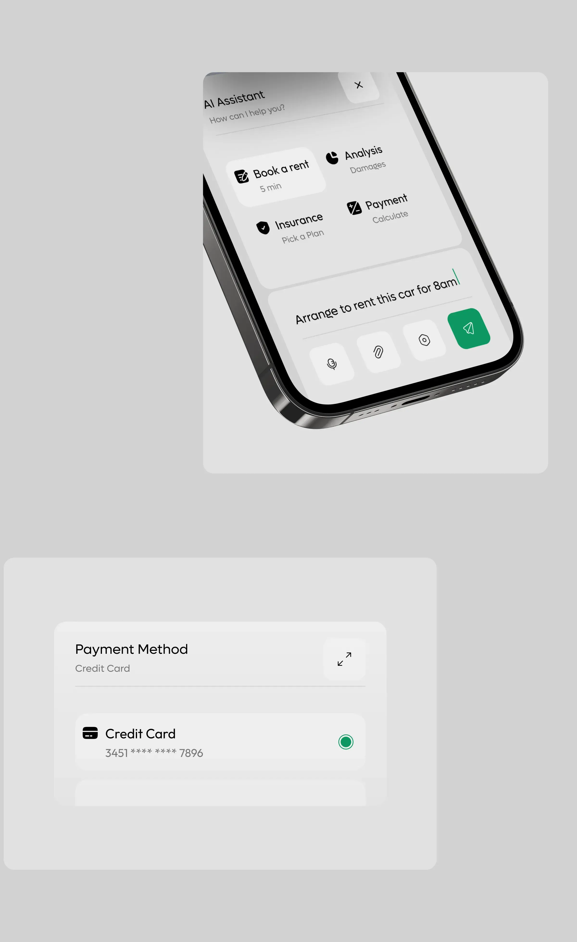 Screenshot of the easy-to-use car rental AI assistant mobile app UI. Screenshot of the easy-to-use car rental AI assistant mobile app UI.
