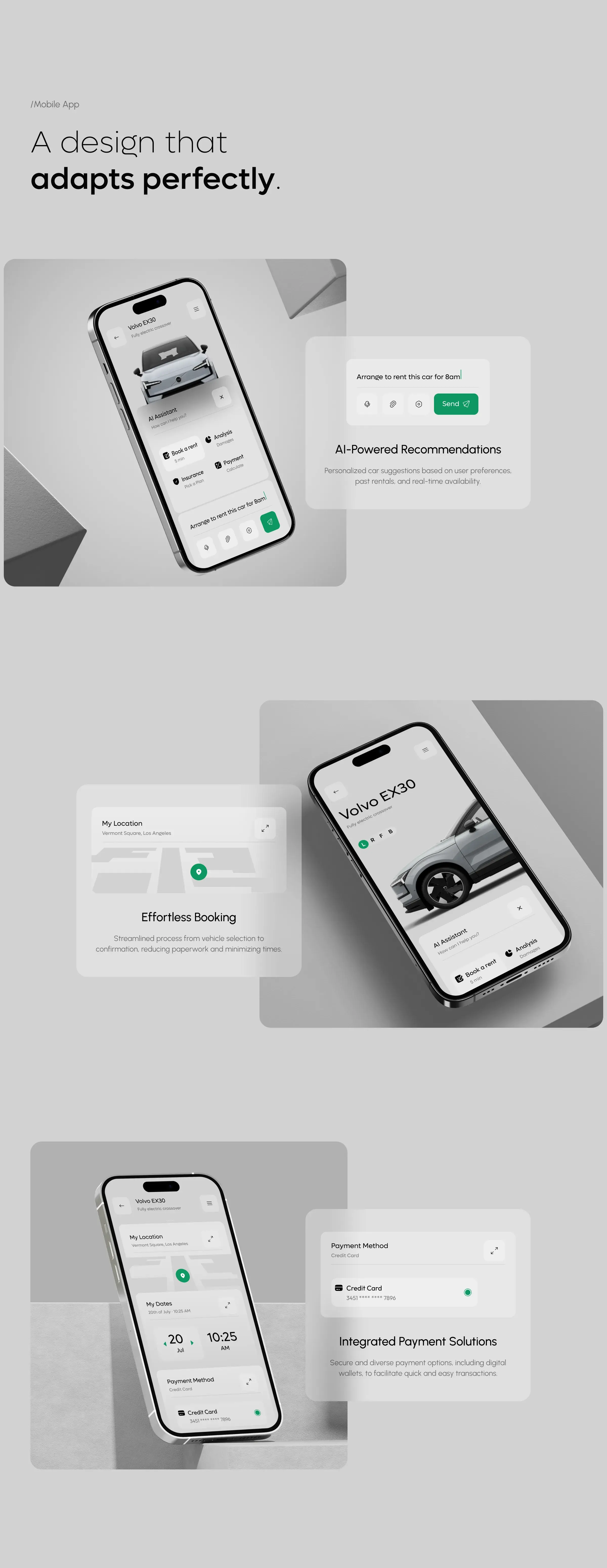 Screenshot of the car rental AI assistant mobile app interface on a phone. Screenshot of the car rental AI assistant mobile app interface on a phone.