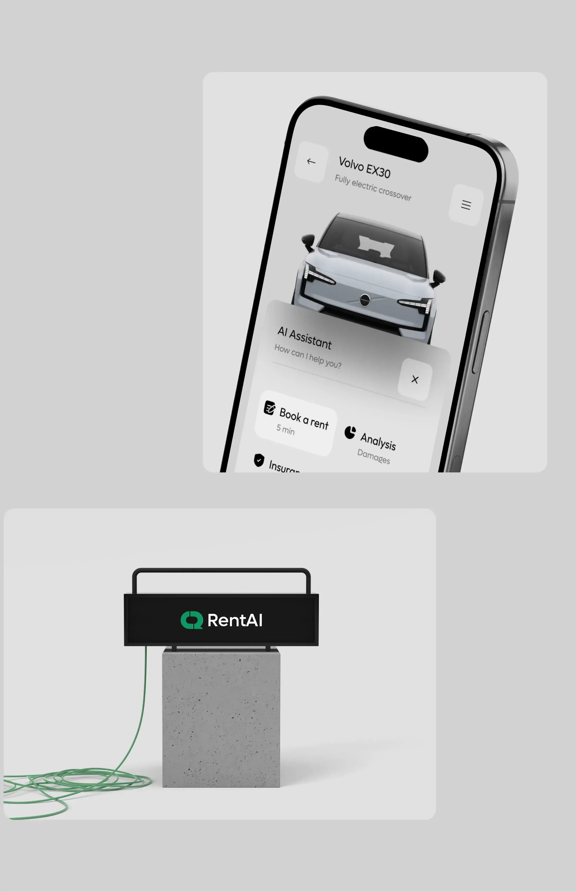 Mobile app screenshot showing an AI car rental assistant interface for a Volvo EX30 fully electric crossover. Mobile app screenshot showing an AI car rental assistant interface for a Volvo EX30 fully electric crossover.