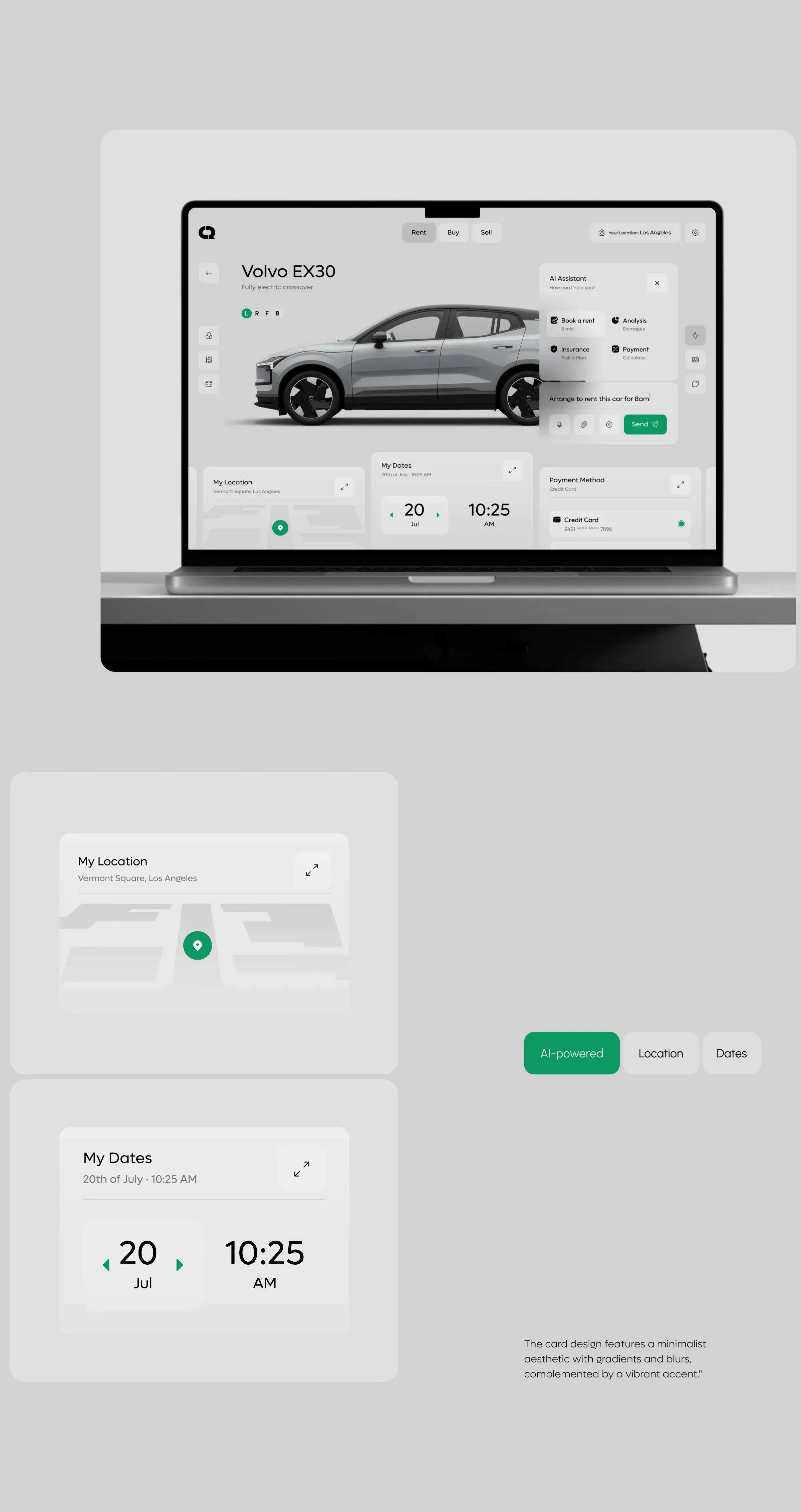 Screenshot of a mobile app UI for an AI-powered car rental assistant. Screenshot of a mobile app UI for an AI-powered car rental assistant.