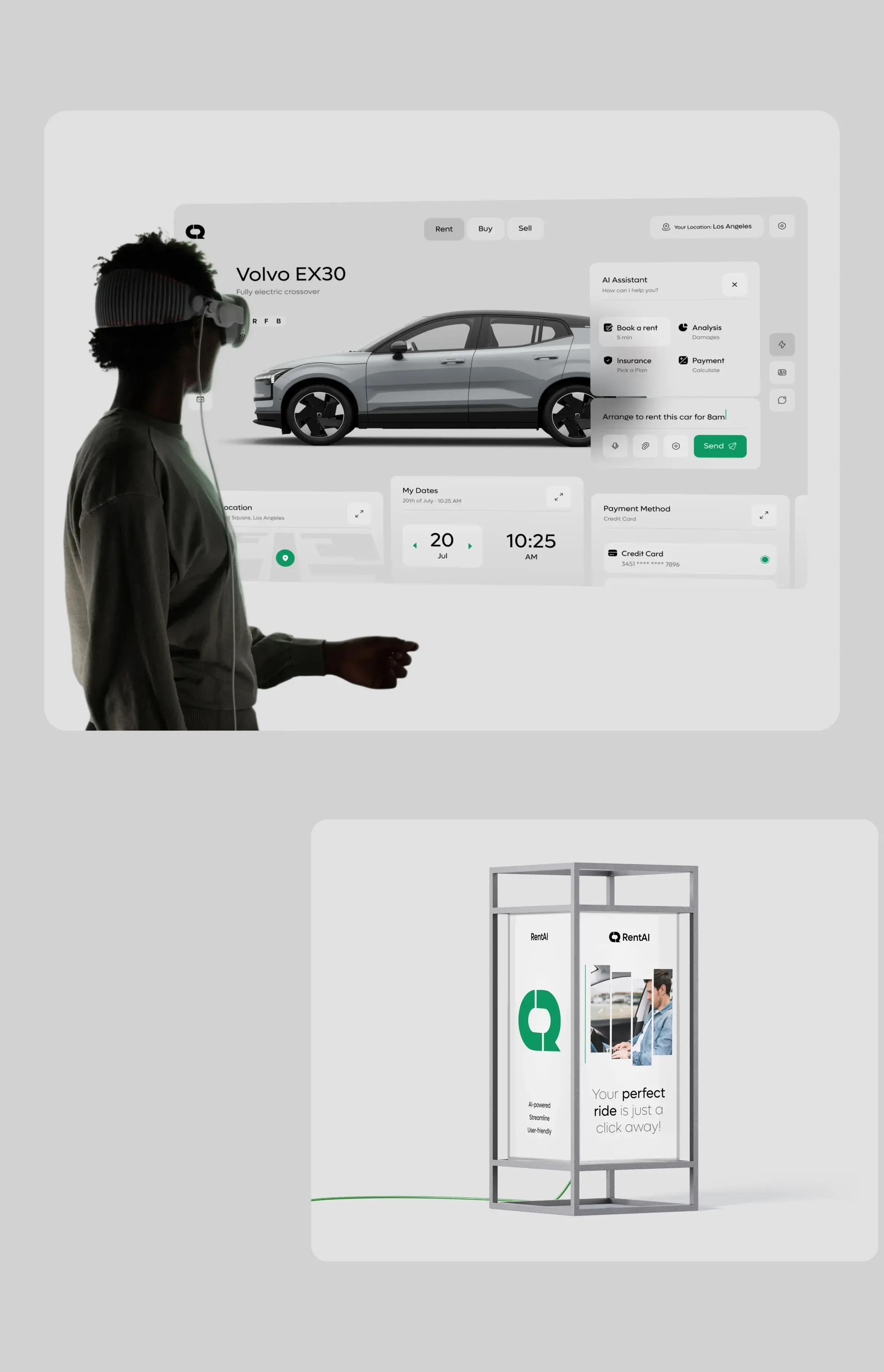 Person interacting with a mobile app showing an executive rental car. Person interacting with a mobile app showing an executive rental car.
