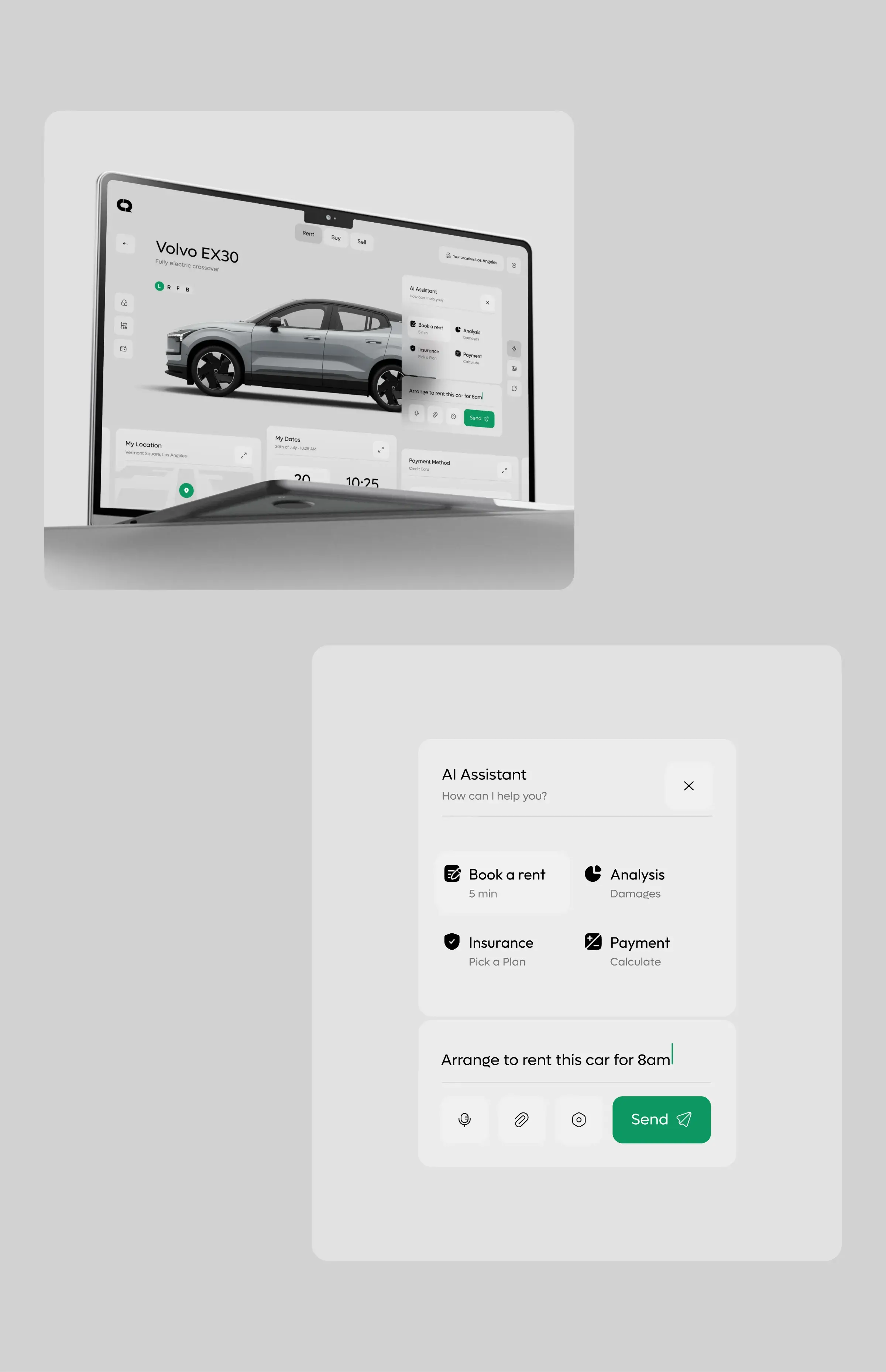 Screenshot of UI design featuring an executive car for a rental app. Screenshot of UI design featuring an executive car for a rental app.