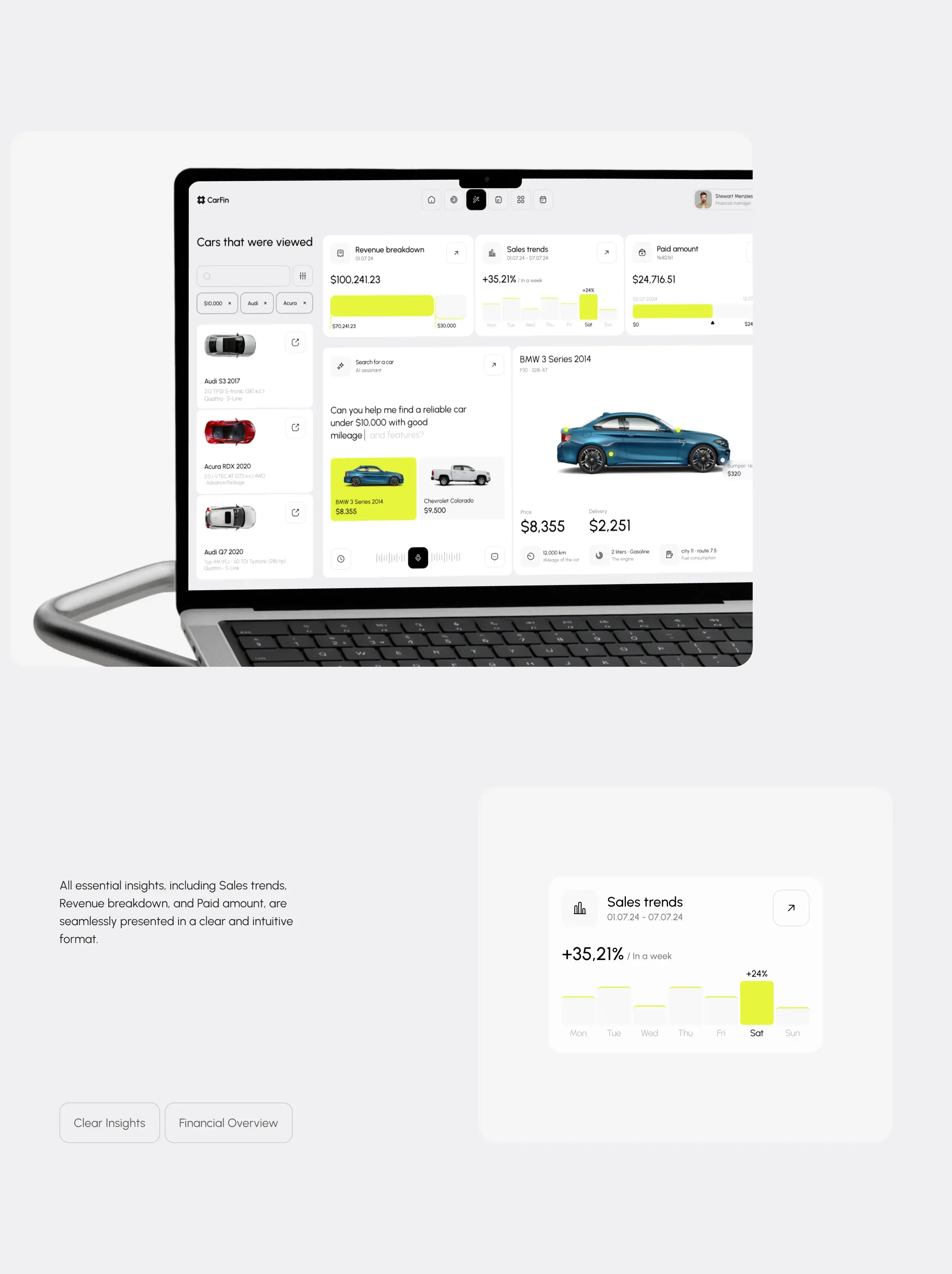 Concept UI screenshot for the Carfin AI car search assistant. Concept UI screenshot for the Carfin AI car search assistant.