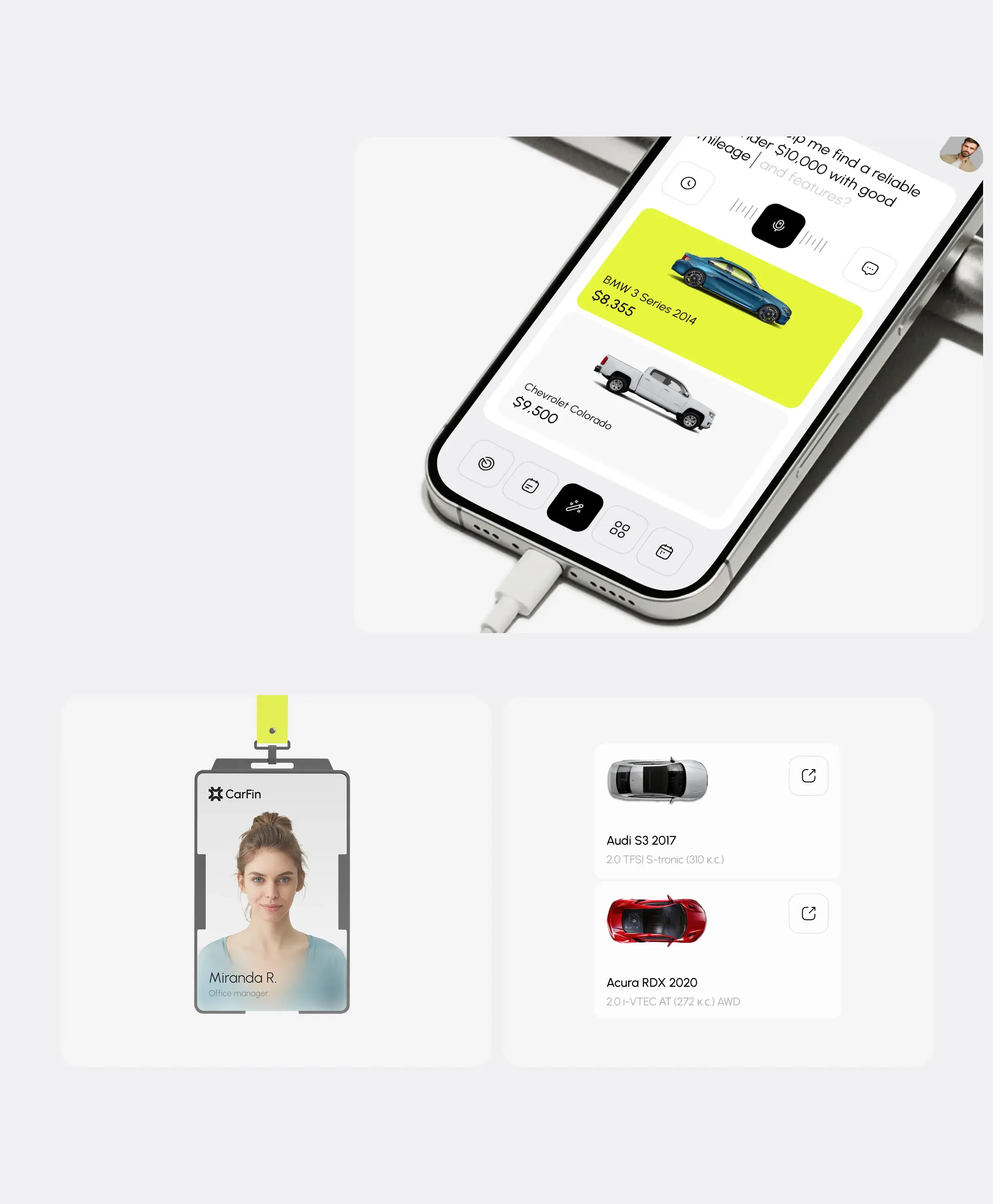 Mobile interface concept for the Carfin AI car search assistant. Mobile interface concept for the Carfin AI car search assistant.