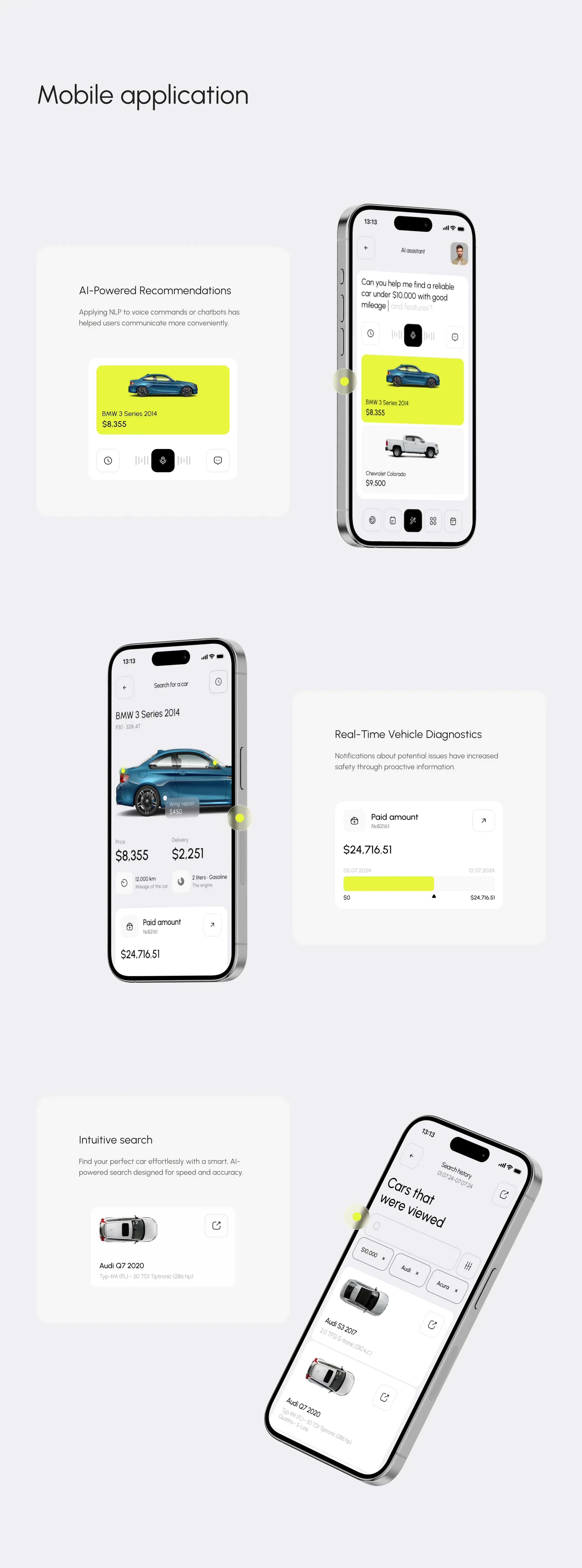 Screenshot of a mobile UI diagram for the car search AI assistant concept. Screenshot of a mobile UI diagram for the car search AI assistant concept.