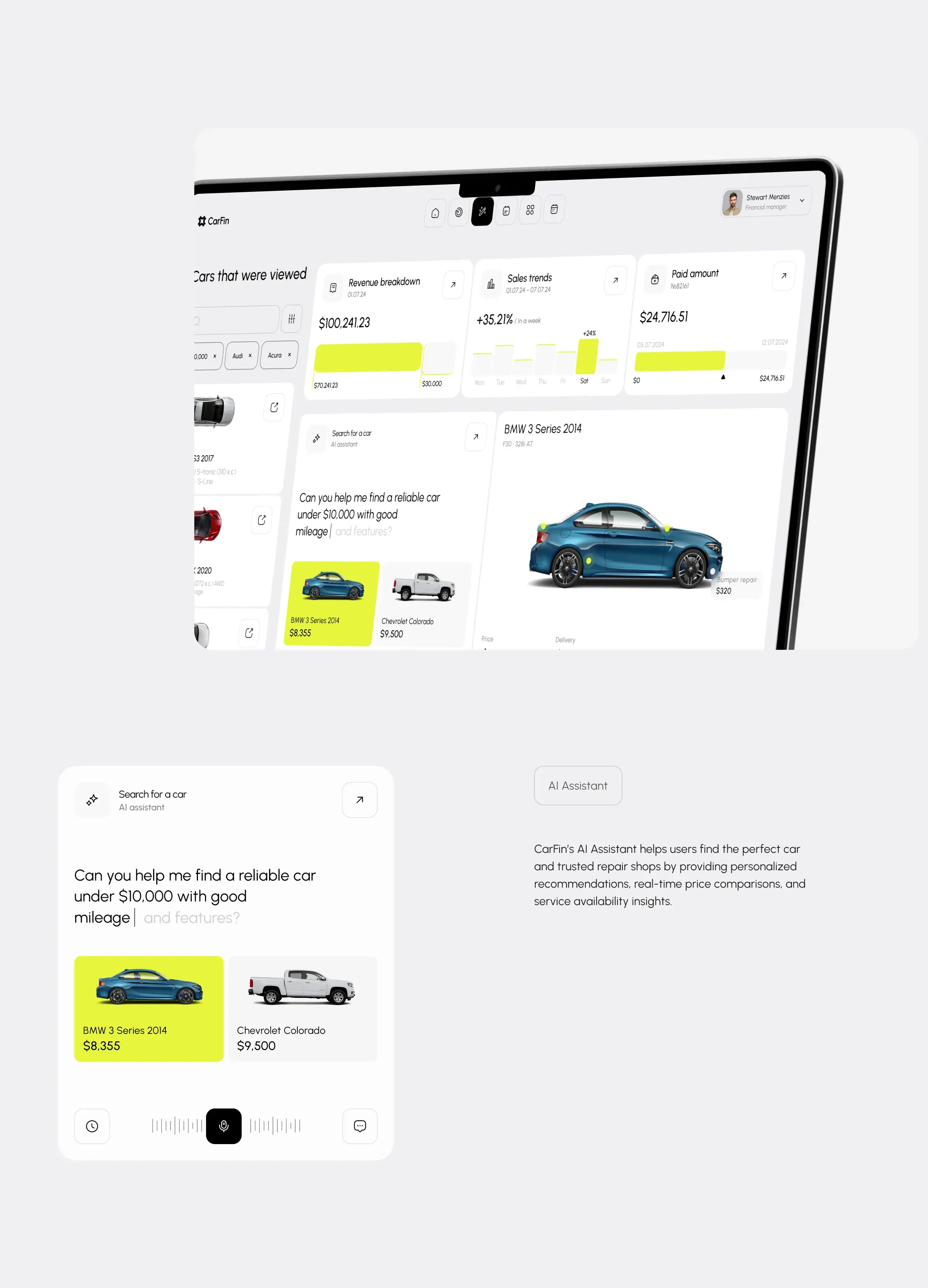Screenshot of the Carfin car search AI assistant UI concept showing a vehicle. Screenshot of the Carfin car search AI assistant UI concept showing a vehicle.