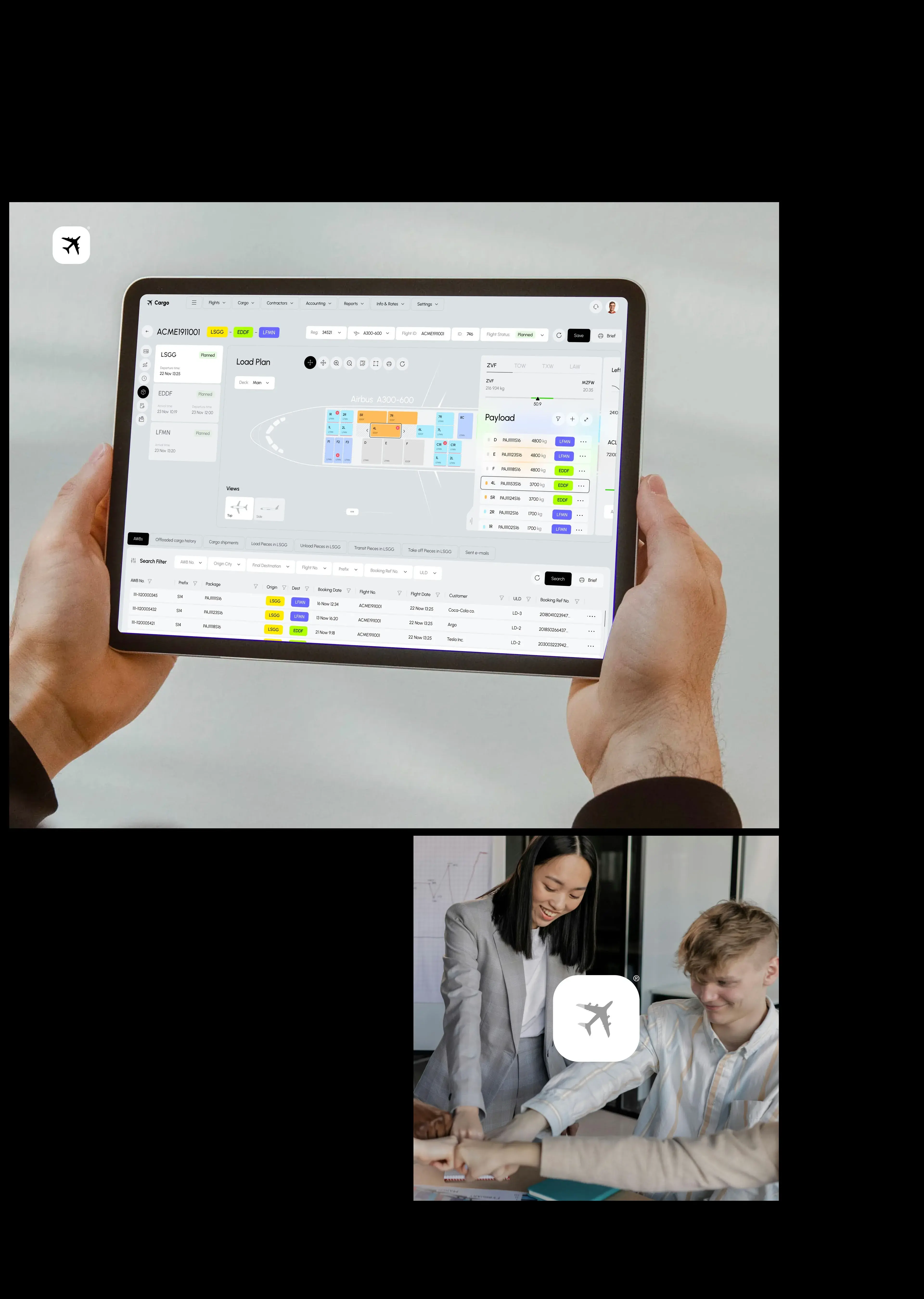 Cargo TMS SaaS UI on a tablet, demonstrated to users. Cargo TMS SaaS UI on a tablet, demonstrated to users.