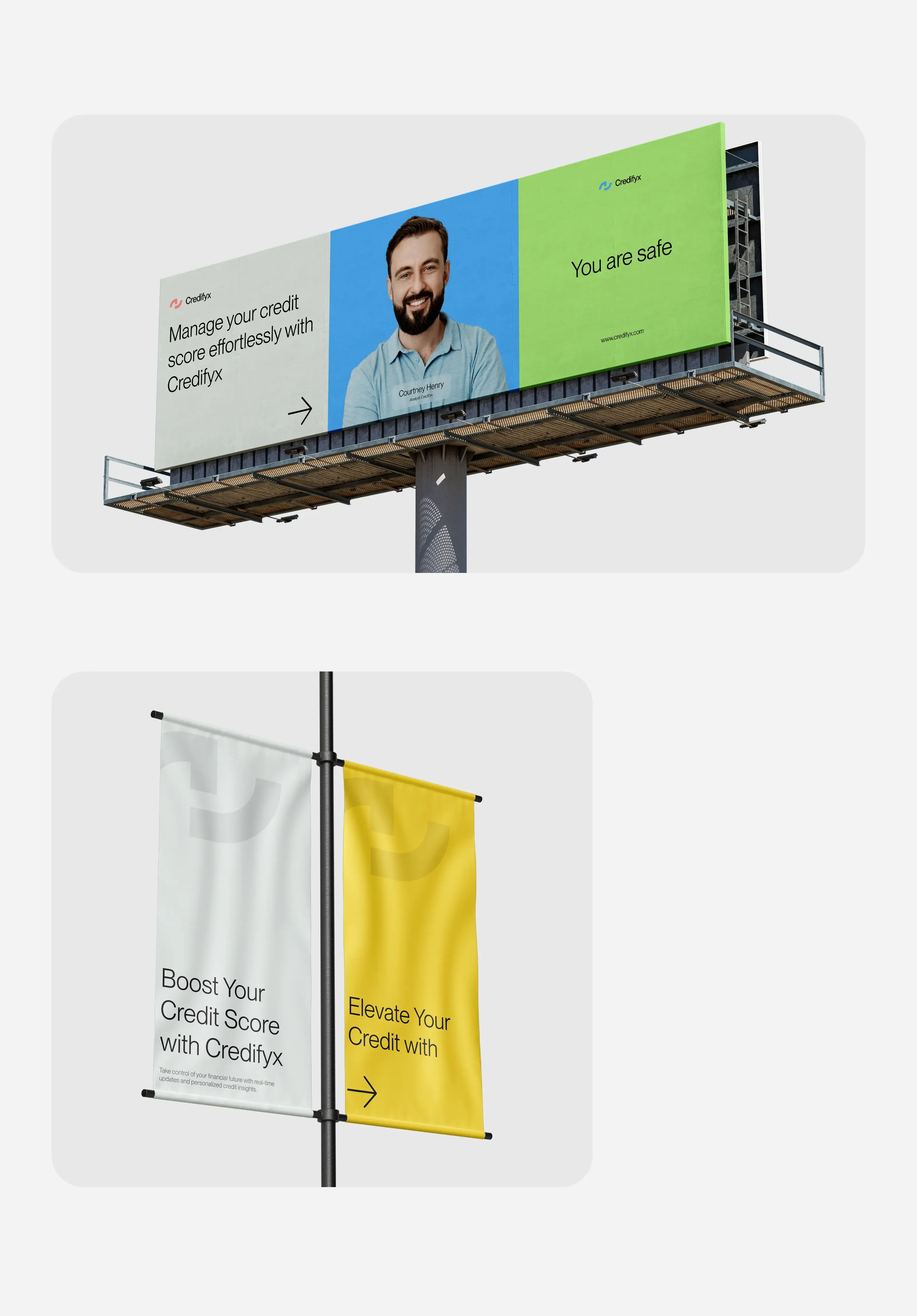 Design mockup of a billboard featuring Credifyx branding for advertising. Design mockup of a billboard featuring Credifyx branding for advertising.