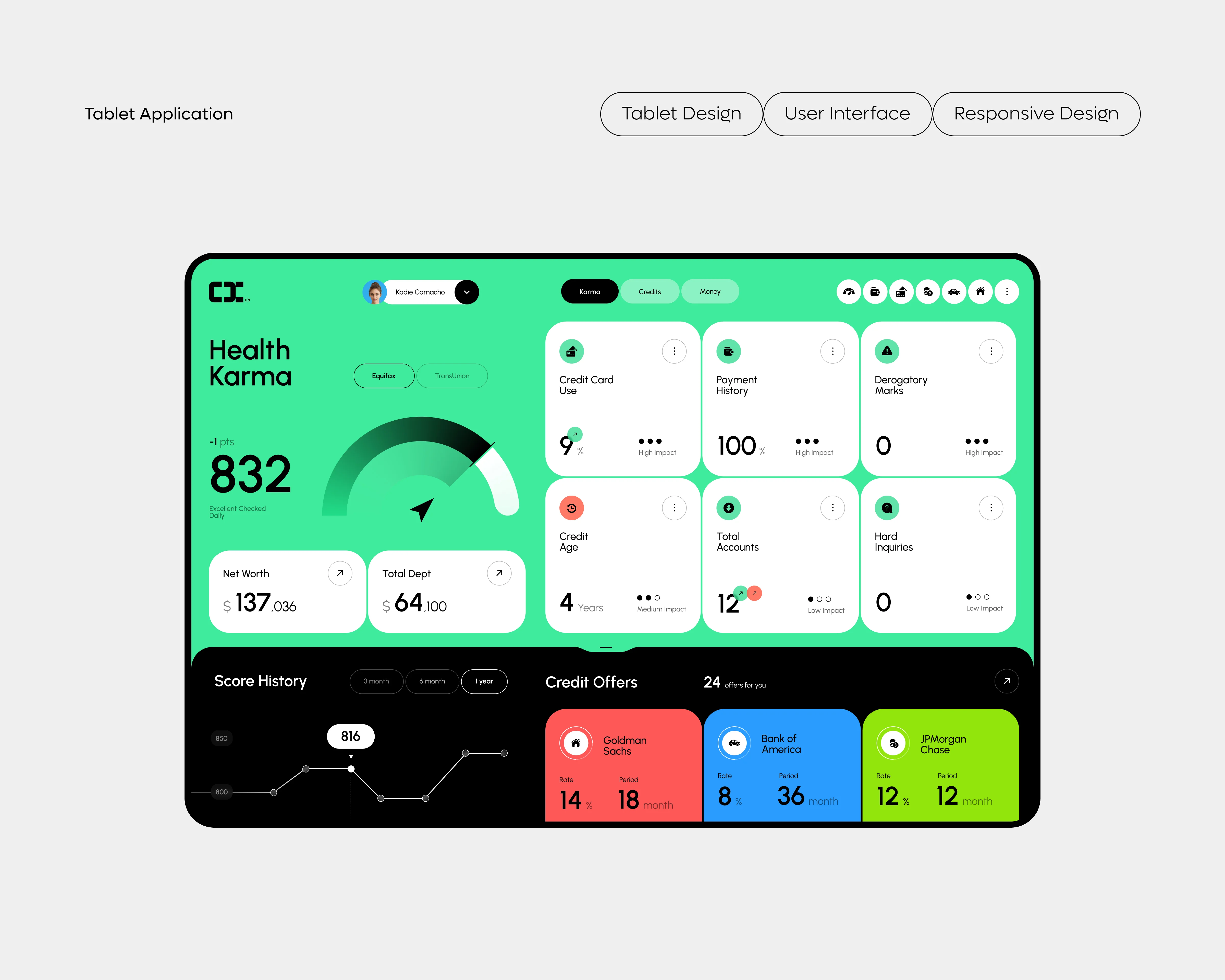 Screenshot of the Credit Karma finance insights platform showing credit score data. Screenshot of the Credit Karma finance insights platform showing credit score data.