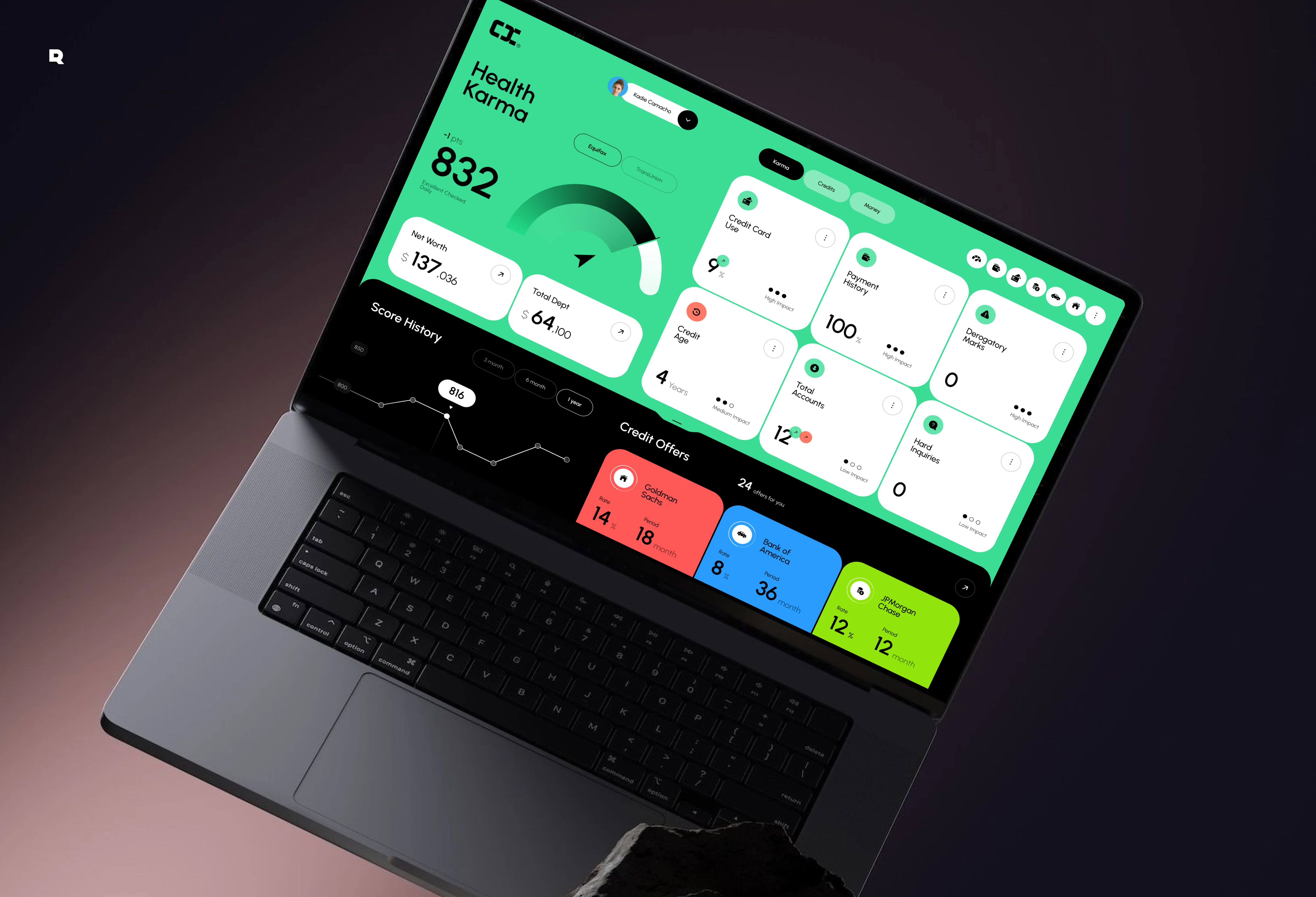 Screenshot of the Credit Karma finance insights platform user interface on a laptop.