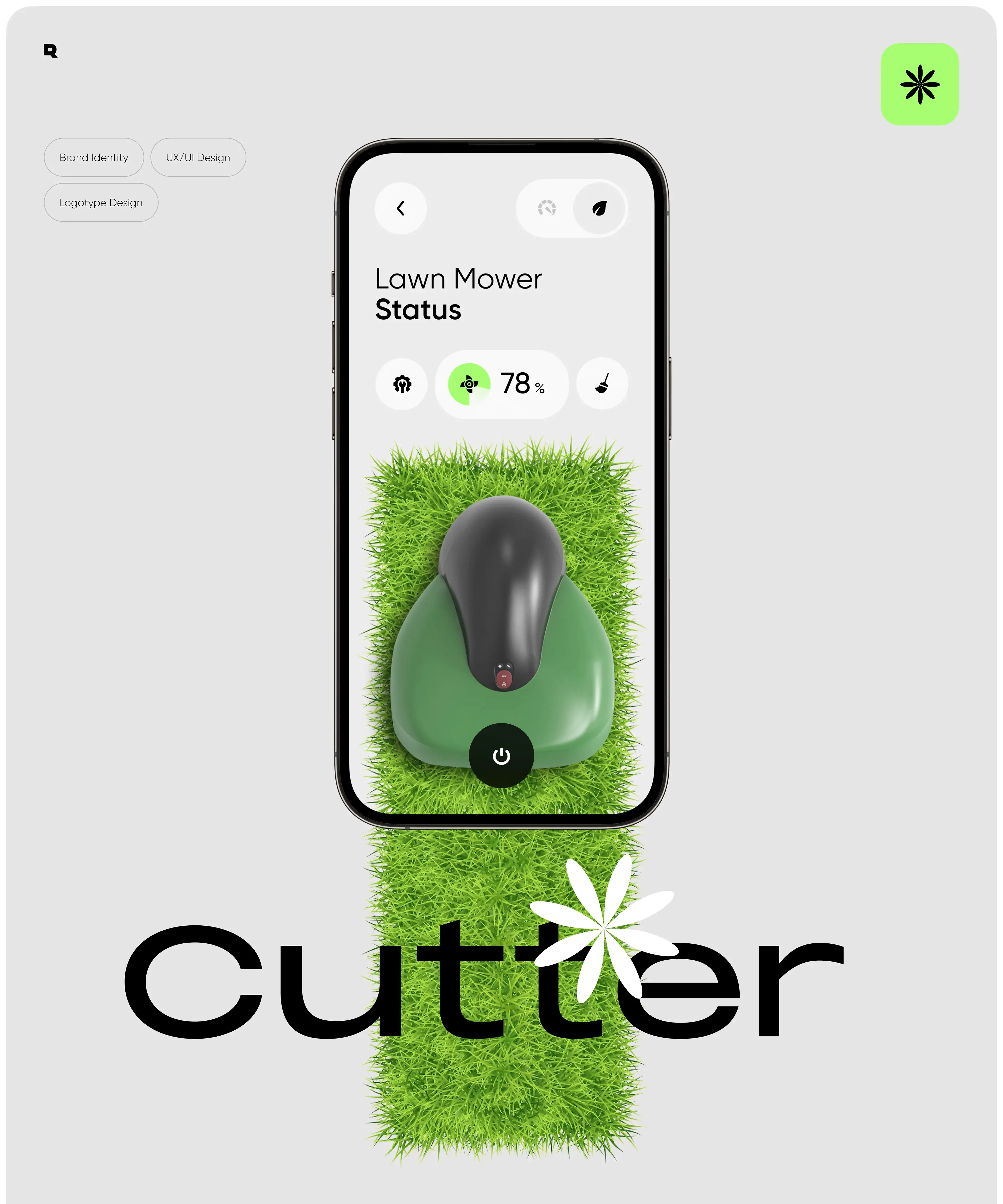 Screenshot showing Cutter app's branding and UX/UI design, with a lawn mower control interface (78% status, stop button).