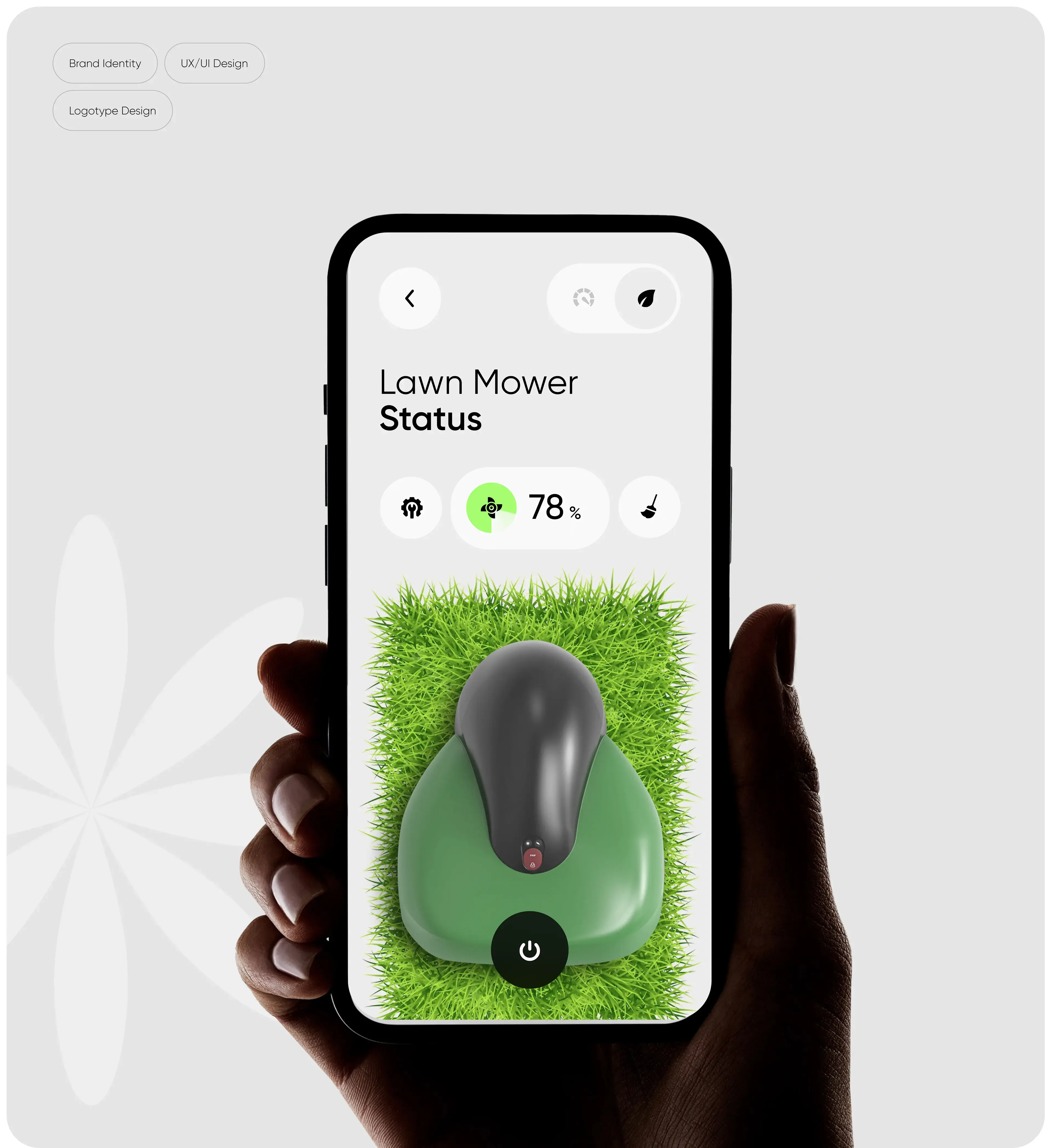 Screenshot of Cutter app's lawn mower controls (78% status) on a phone, showcasing its brand identity, UX/UI, and logotype design. Screenshot of Cutter app's lawn mower controls (78% status) on a phone, showcasing its brand identity, UX/UI, and logotype design.