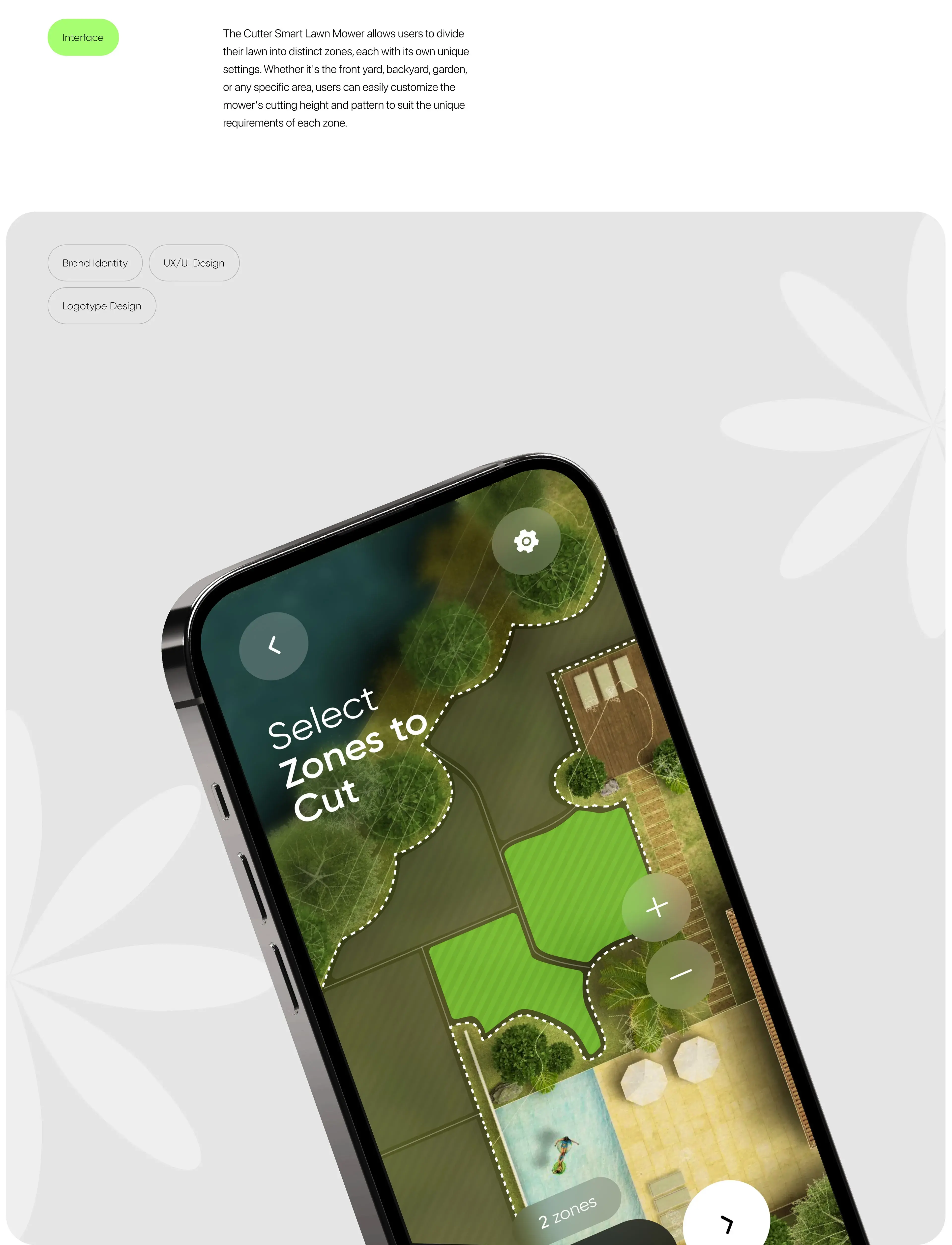 Screenshot: 'Cutter' mobile app UI on a smartphone, showing UX/UI design and branding for a cutting services startup. Screenshot: 'Cutter' mobile app UI on a smartphone, showing UX/UI design and branding for a cutting services startup.