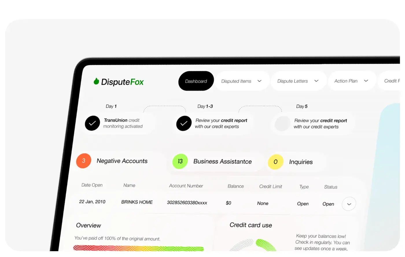 AI-driven credit score dashboard on DisputeFox platform