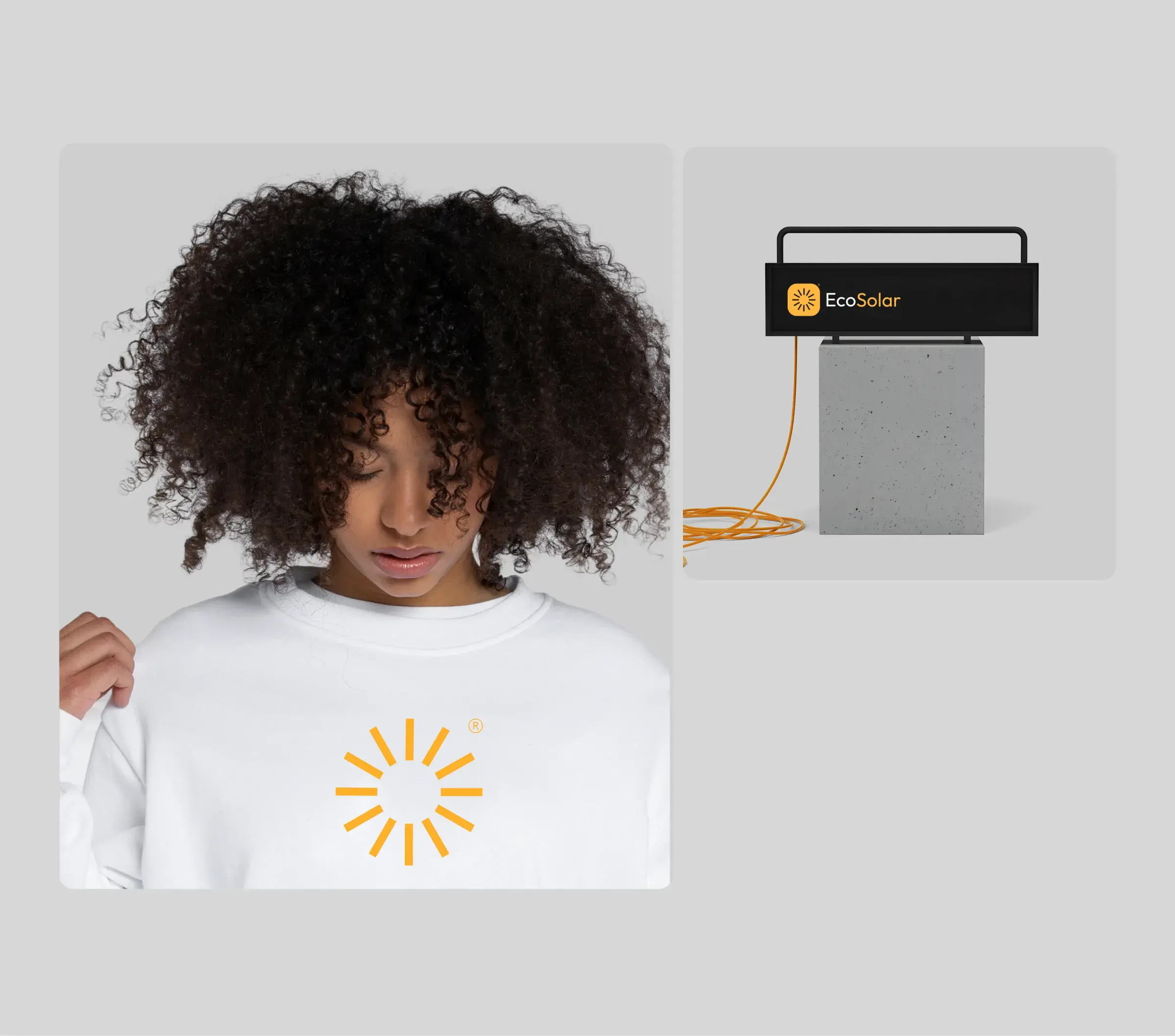 A branding mockup shows a woman wearing a hoodie with the EcoSolar logo. A branding mockup shows a woman wearing a hoodie with the EcoSolar logo.