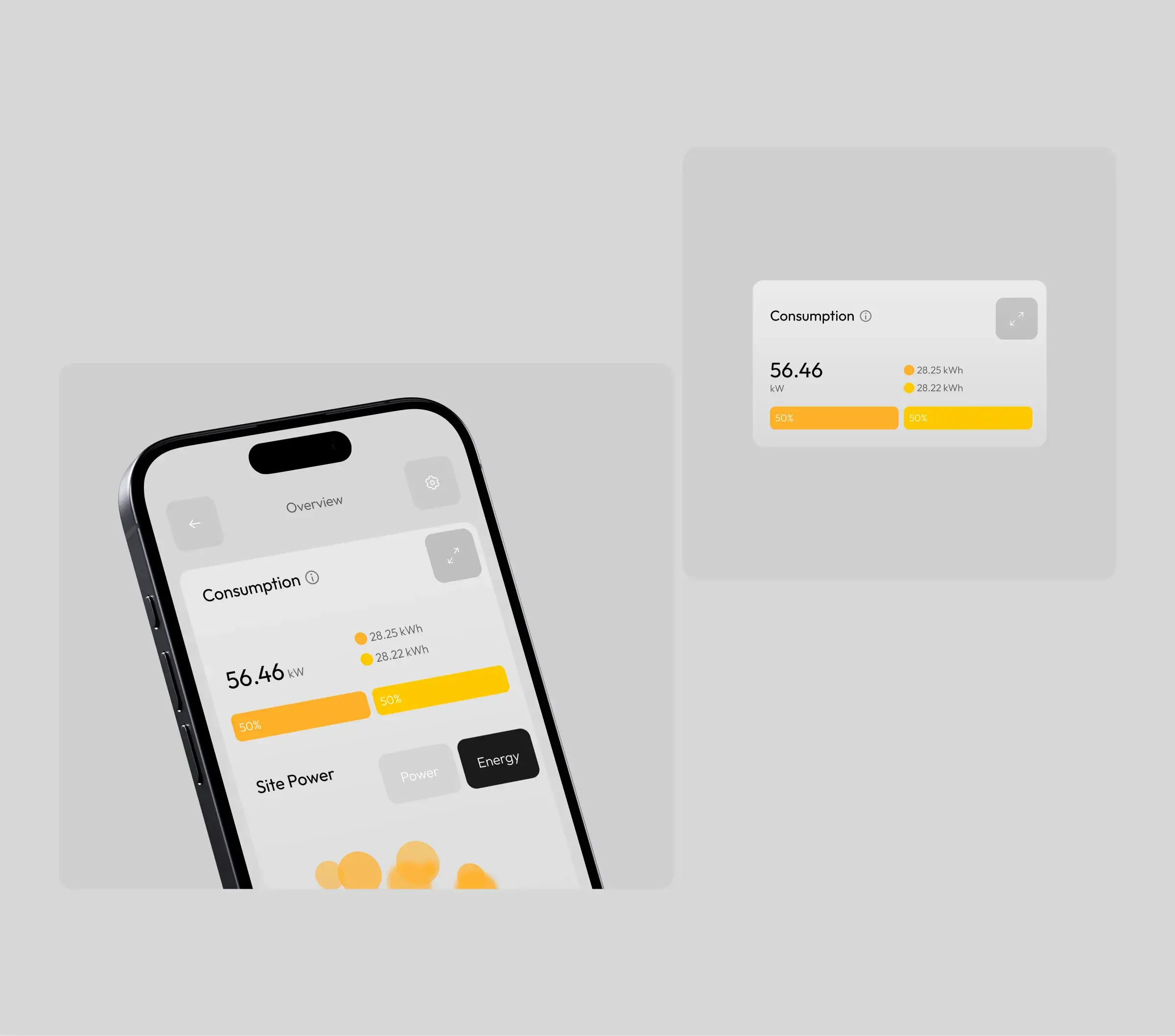 Screenshot of the EcoSolar renewable energy SaaS mobile app UI design on an iPhone displaying consumption data. Screenshot of the EcoSolar renewable energy SaaS mobile app UI design on an iPhone displaying consumption data.