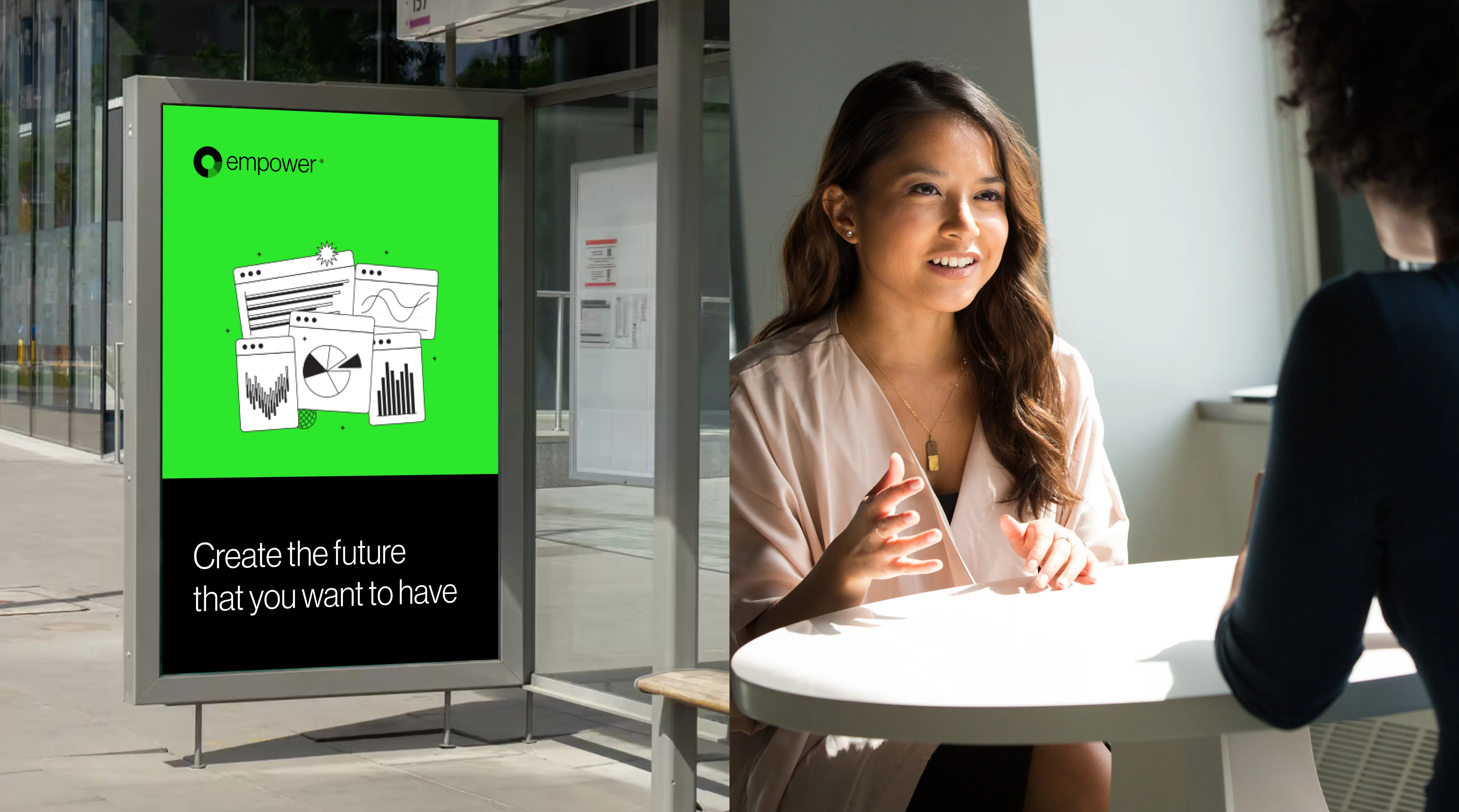 Two people, likely during a customer interview, using a device showing the empower® app for finance service management. Two people, likely during a customer interview, using a device showing the empower® app for finance service management.