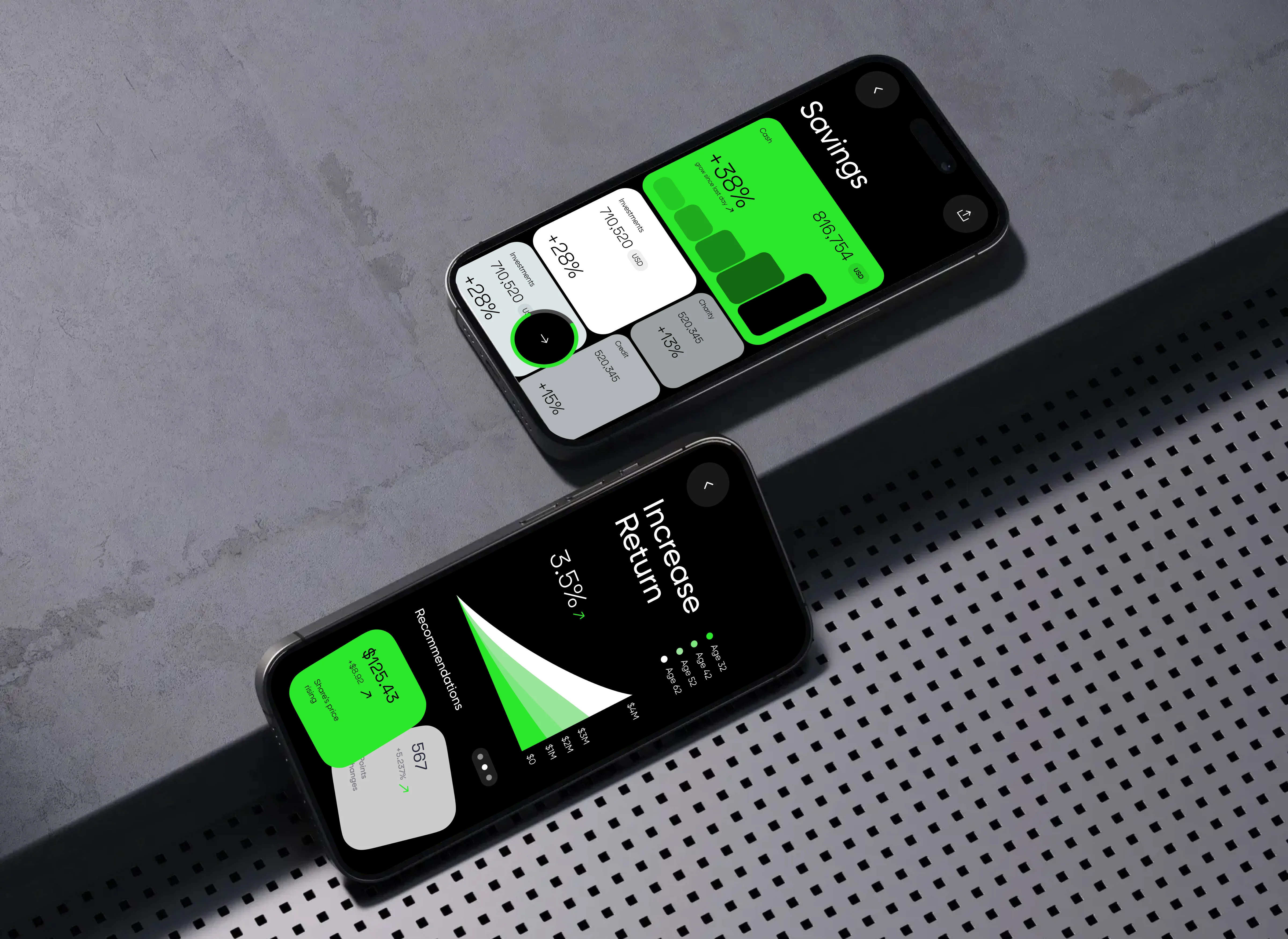 Mockup of the empower PFM finance service management mobile app interface on smartphones. Mockup of the empower PFM finance service management mobile app interface on smartphones.