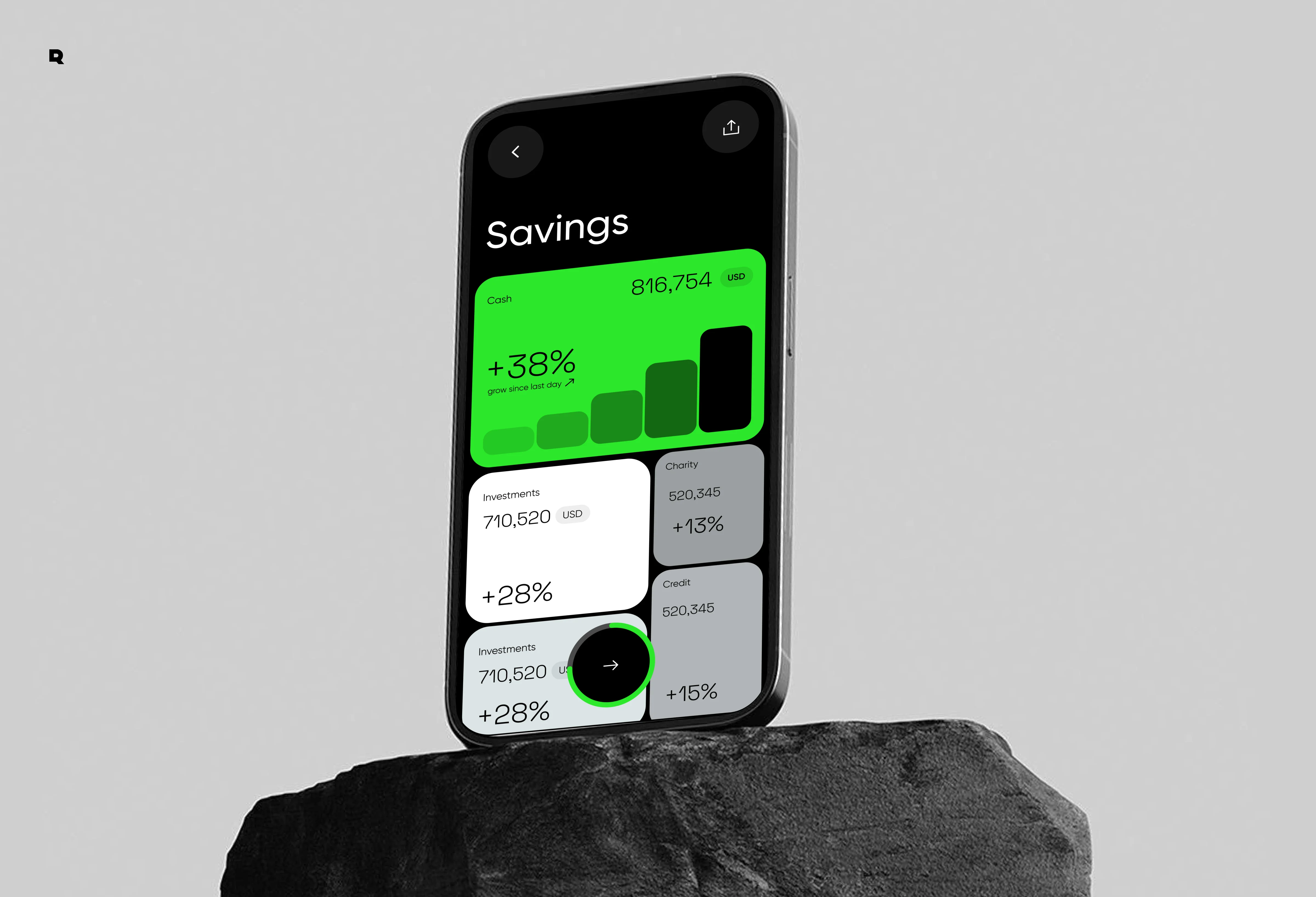 Mobile phone displaying an enterprise finance and PFM service management app.