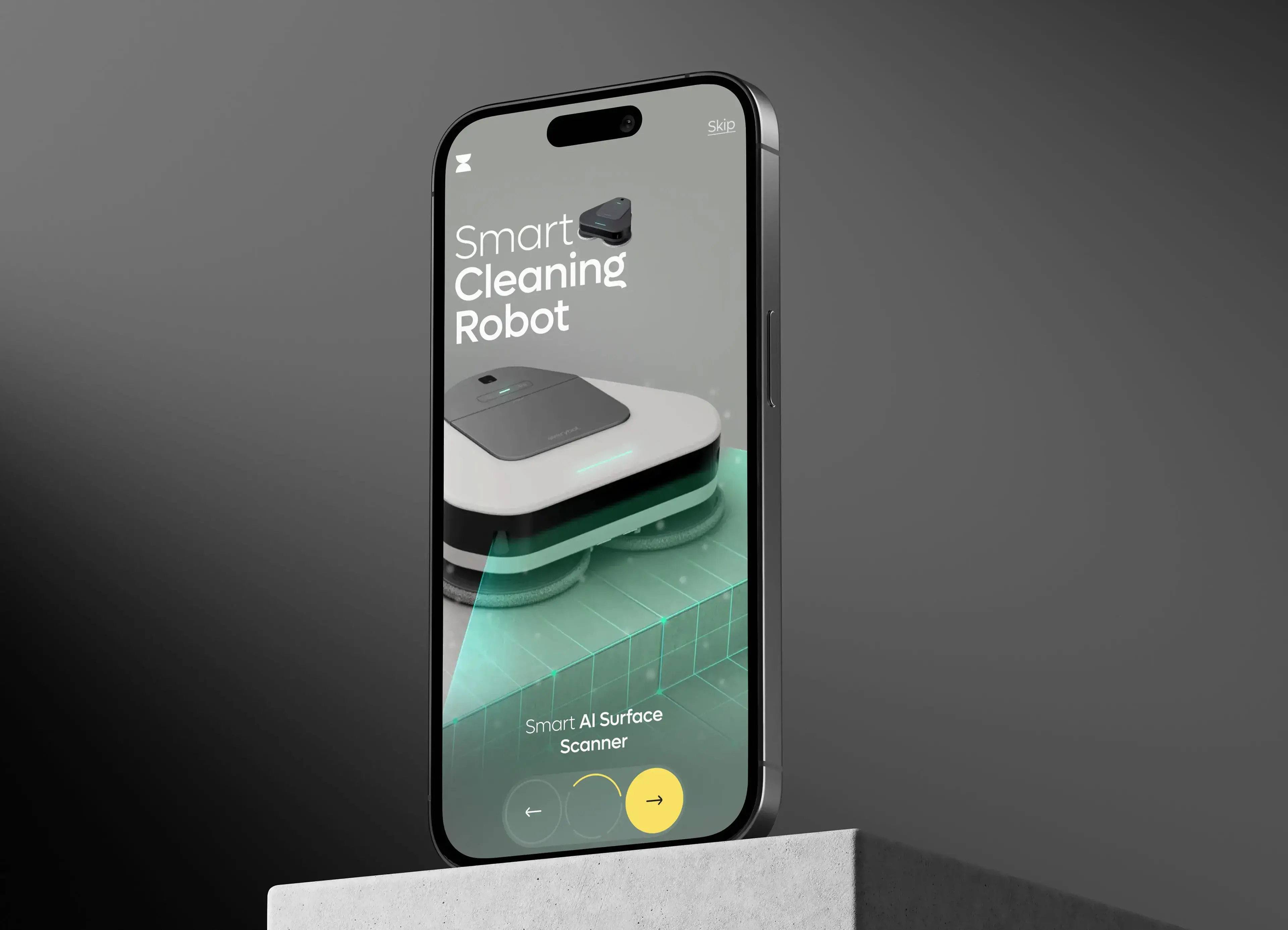 Screenshot of Everybot smart cleaning robot app UI on iPhone, showing control and AI scanning features. Screenshot of Everybot smart cleaning robot app UI on iPhone, showing control and AI scanning features.