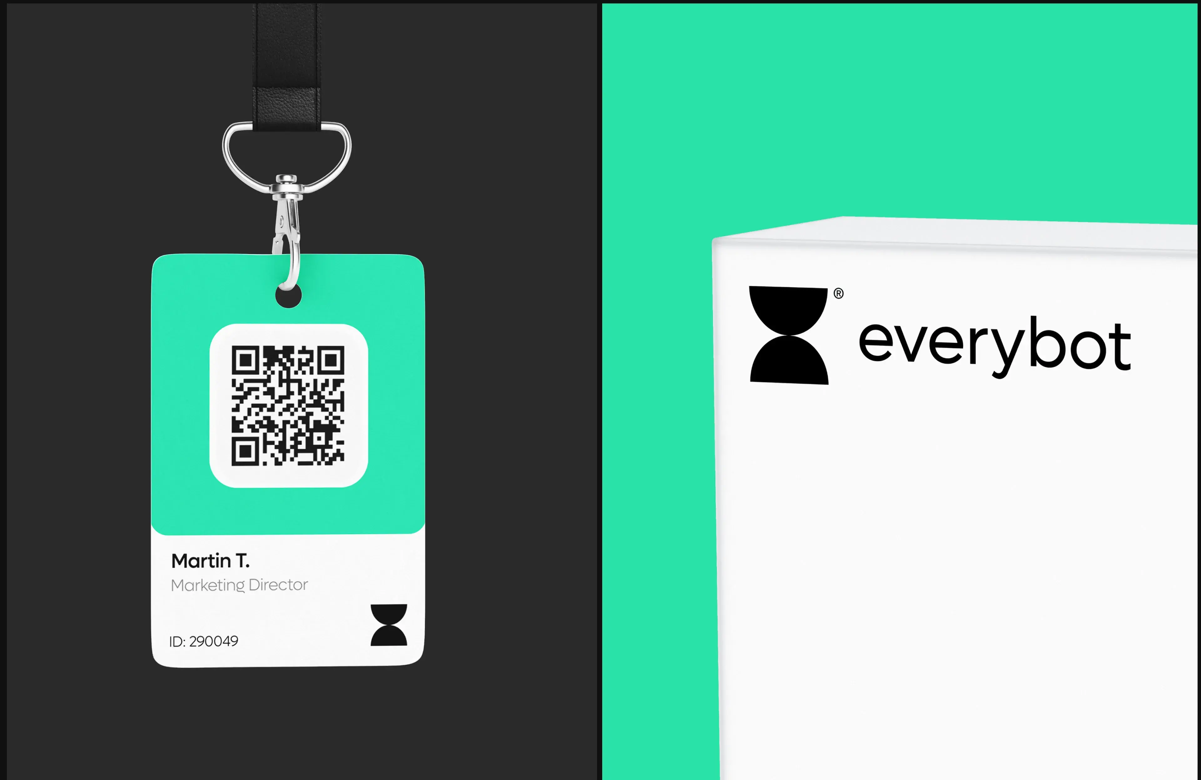 Everybot app graphic design element for a user profile, including name, title, ID, and a barcode. Everybot app graphic design element for a user profile, including name, title, ID, and a barcode.
