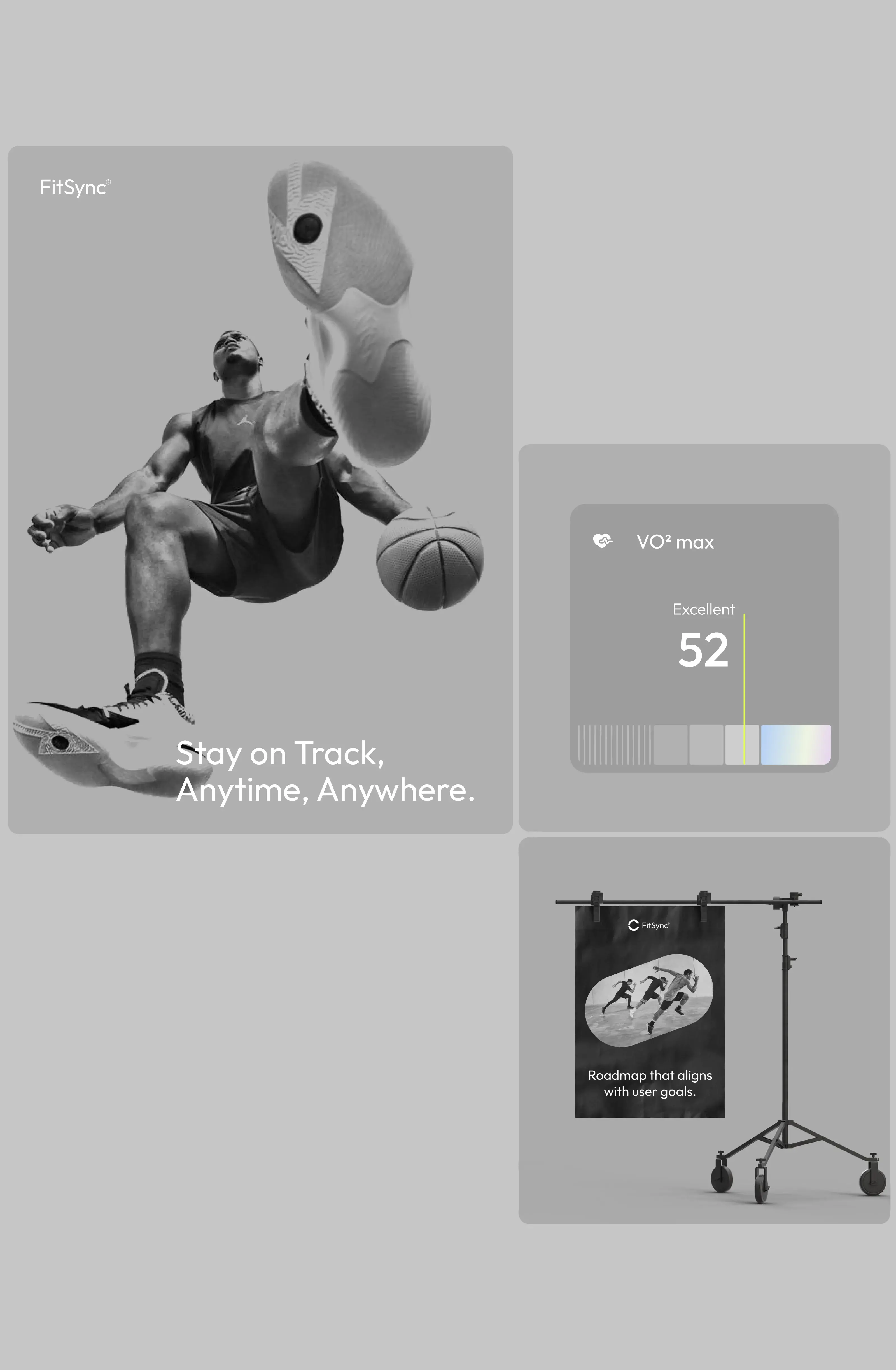 Screenshot of FitSync desktop app UI showing VO2 max data and 'Stay on Track' text, with a basketball background. Screenshot of FitSync desktop app UI showing VO2 max data and 'Stay on Track' text, with a basketball background.