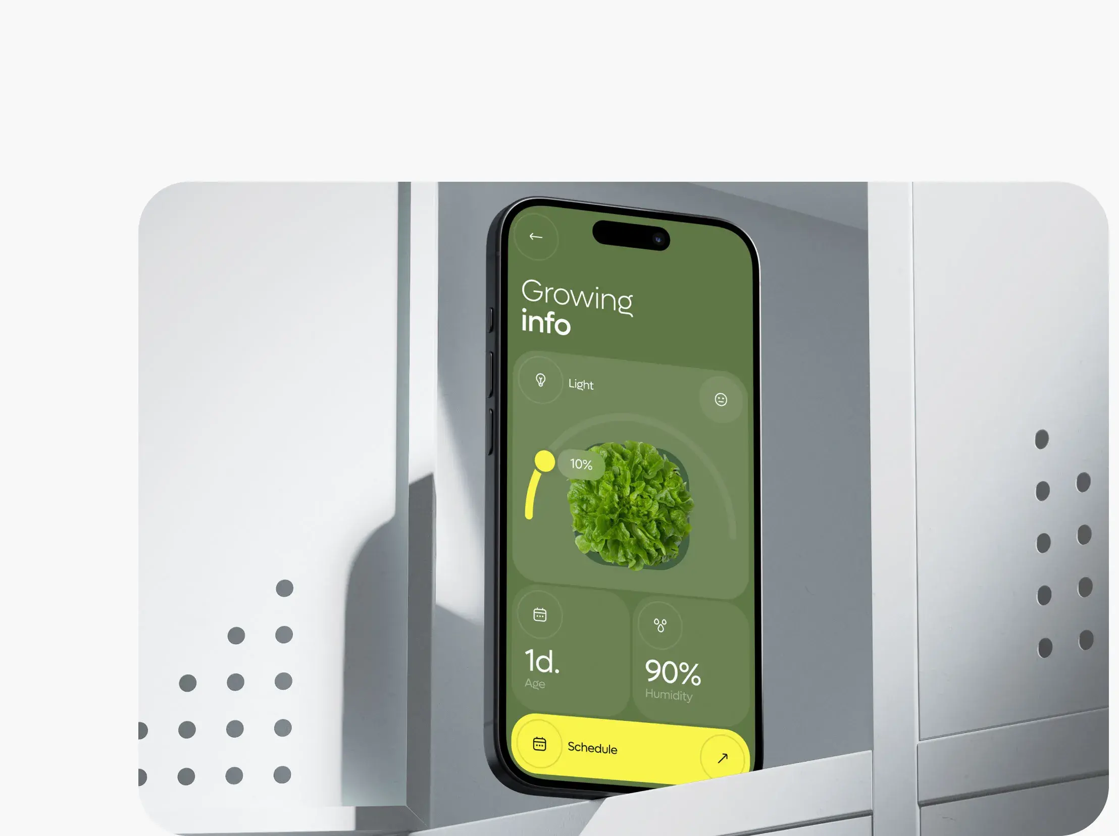 Screenshot of a smart garden mobile app interface showing growing info, light, humidity, and schedule details. Screenshot of a smart garden mobile app interface showing growing info, light, humidity, and schedule details.