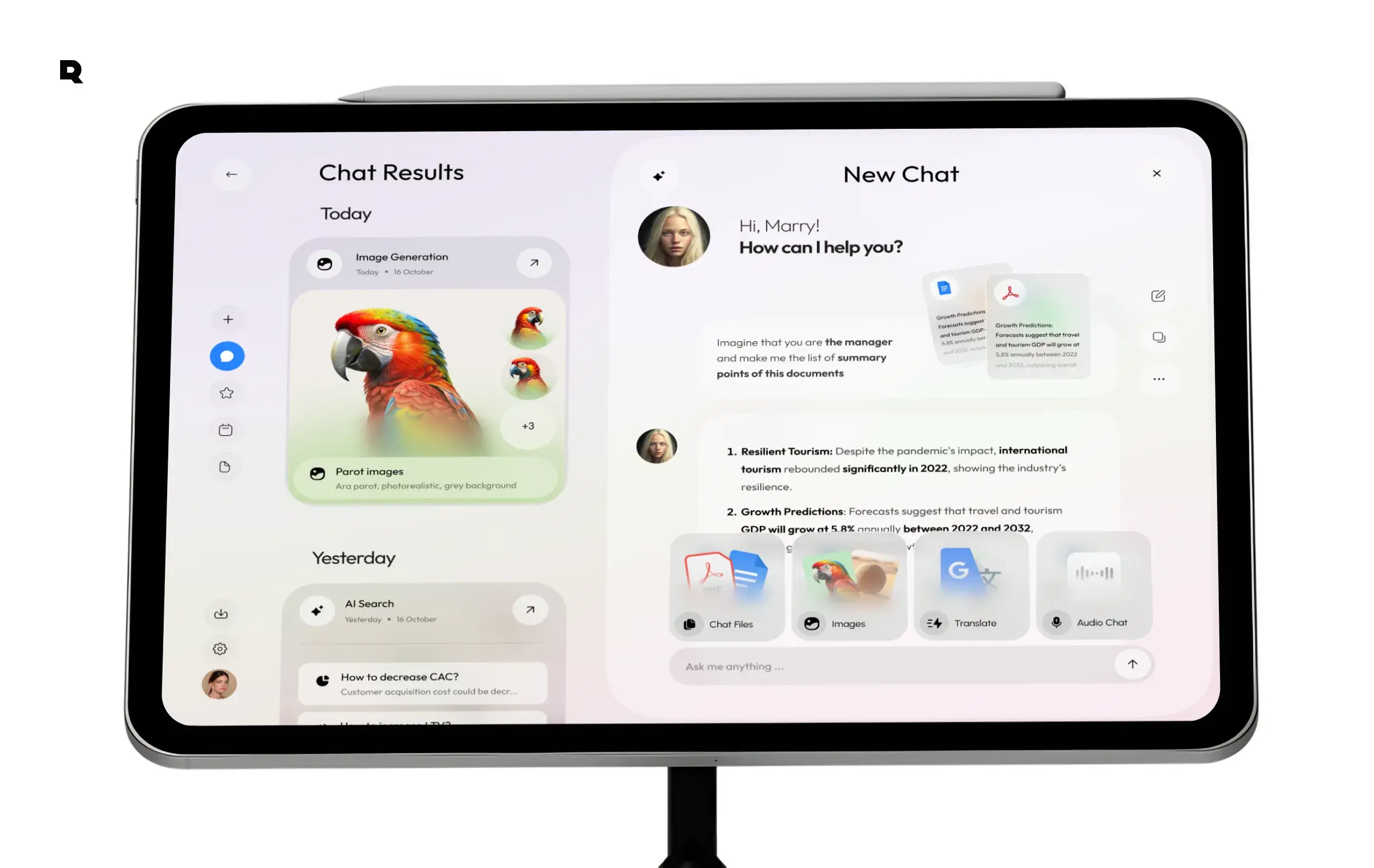 UI design concept for a Genie AI assistant chatbot mobile app interface.