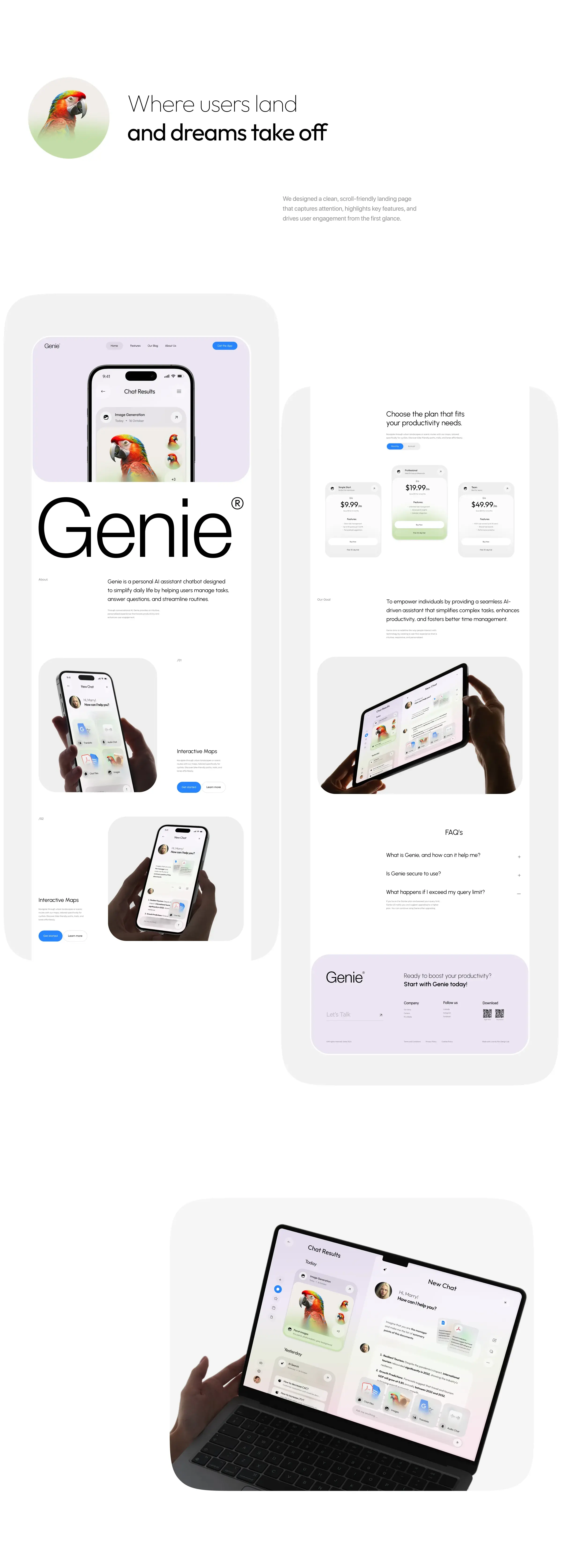 Screenshot of a mobile app UI for the Genie AI chatbot assistant. Screenshot of a mobile app UI for the Genie AI chatbot assistant.