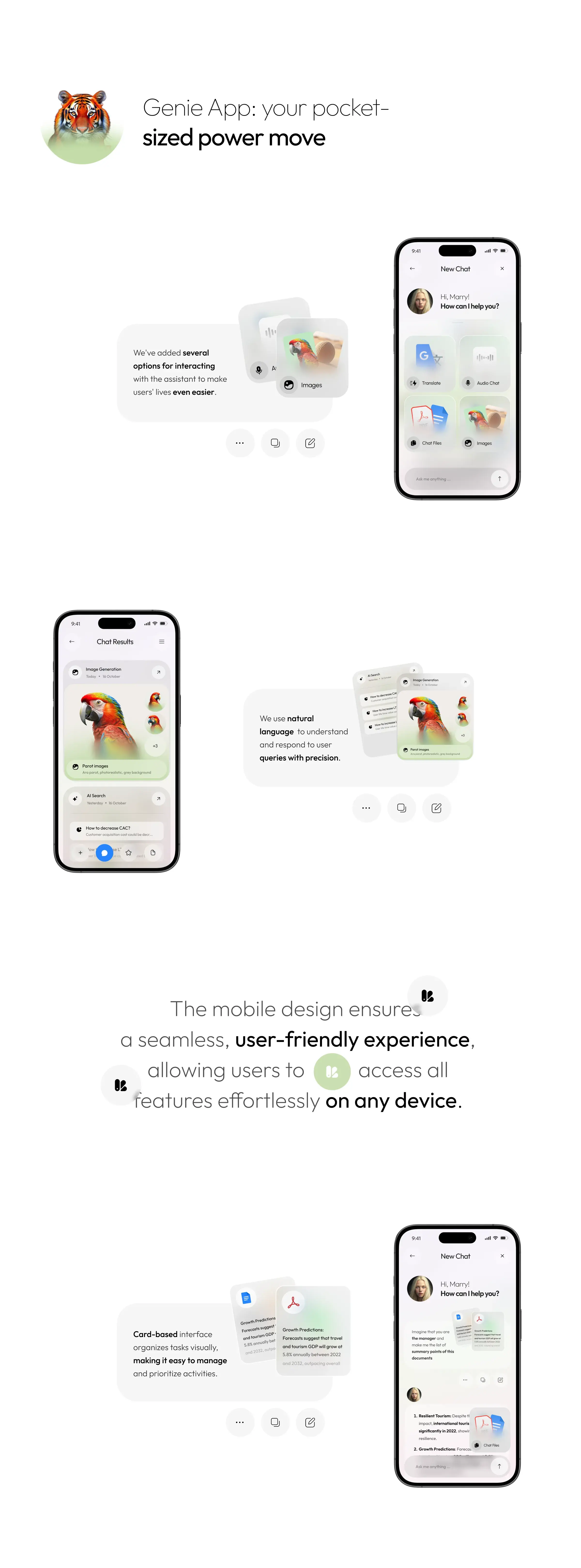 Screenshot of a mobile phone showing the Genie AI assistant app UI. Screenshot of a mobile phone showing the Genie AI assistant app UI.