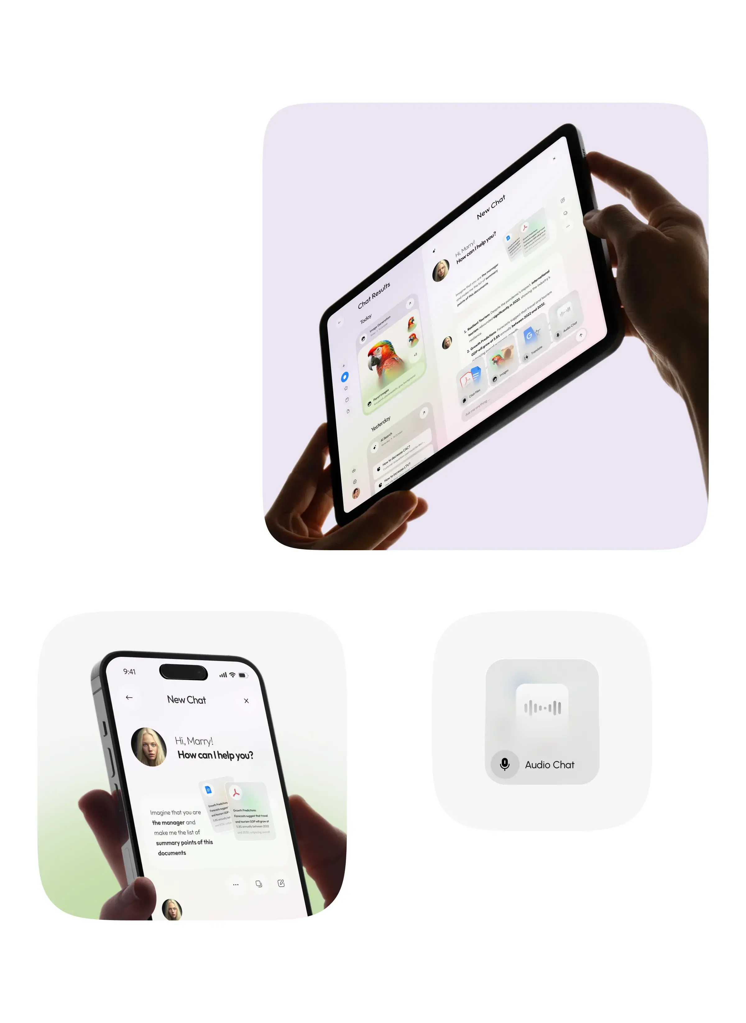UI/UX design of the Genie AI chatbot assistant mobile app on phone and tablet. UI/UX design of the Genie AI chatbot assistant mobile app on phone and tablet.