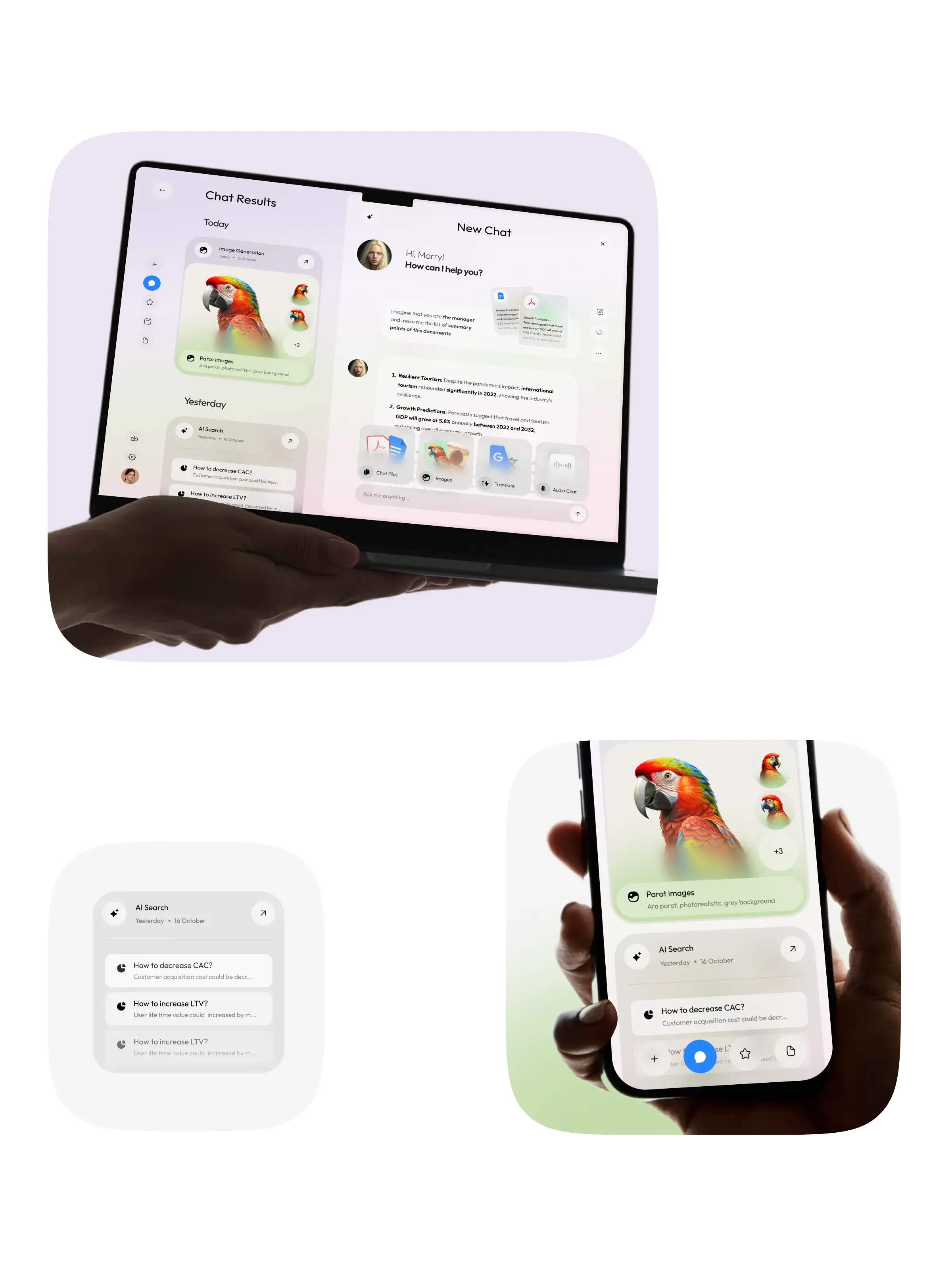 Screenshots of the AI chatbot assistant UI design on a tablet and mobile phone. Screenshots of the AI chatbot assistant UI design on a tablet and mobile phone.