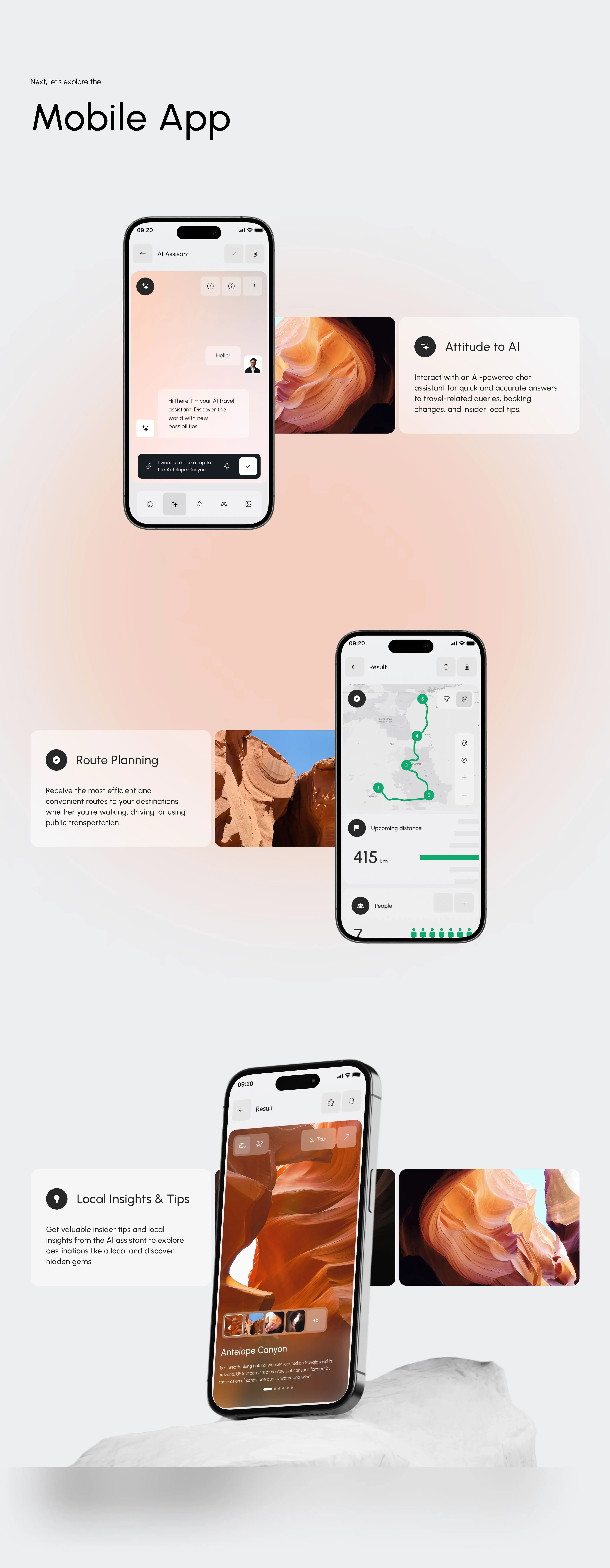 Mobile phones showing screens of the geovea AI assistant UI for wellness and sport. Mobile phones showing screens of the geovea AI assistant UI for wellness and sport.