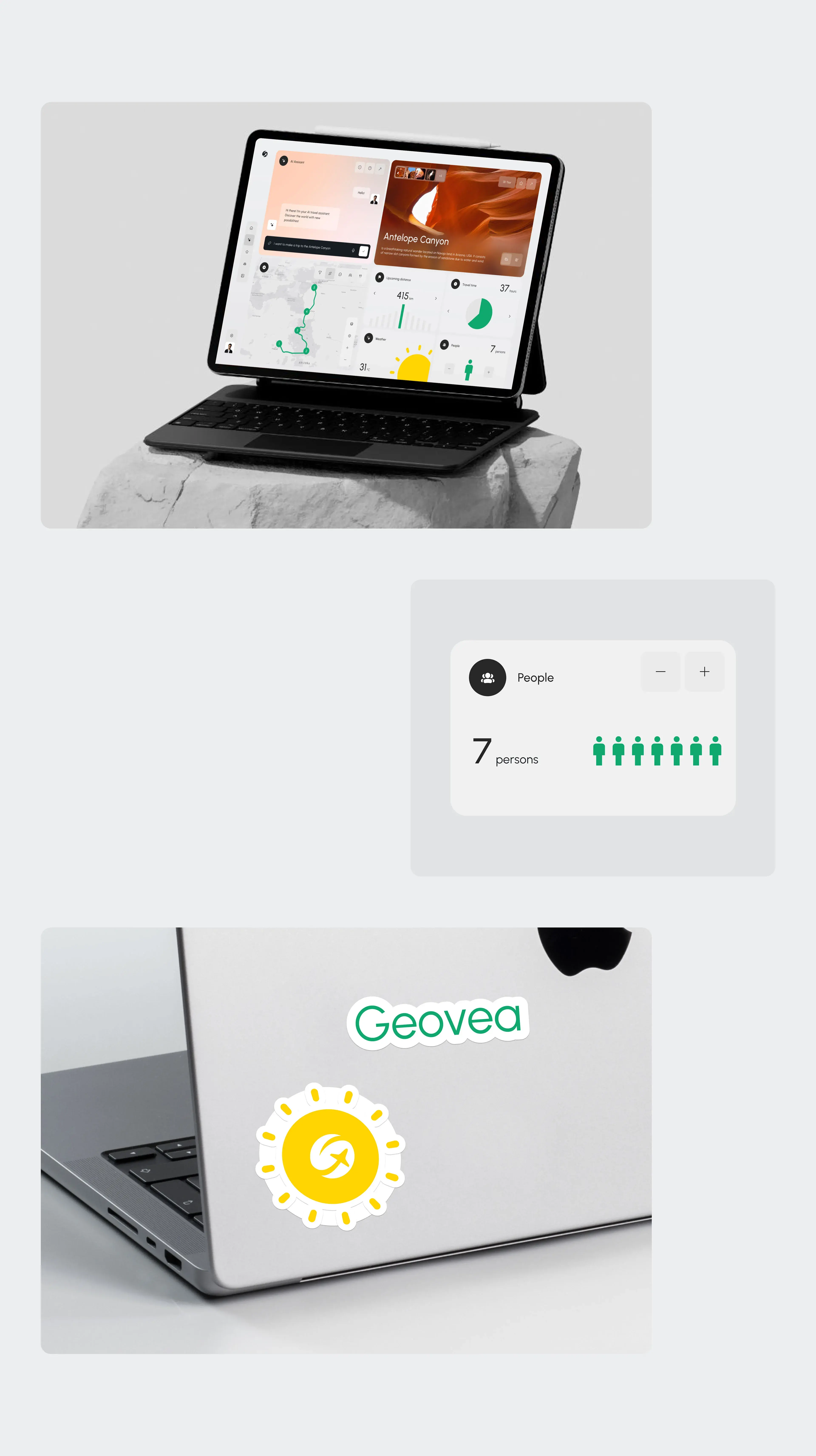 Screenshot of the Geovea AI assistant desktop app UI on a laptop. Screenshot of the Geovea AI assistant desktop app UI on a laptop.
