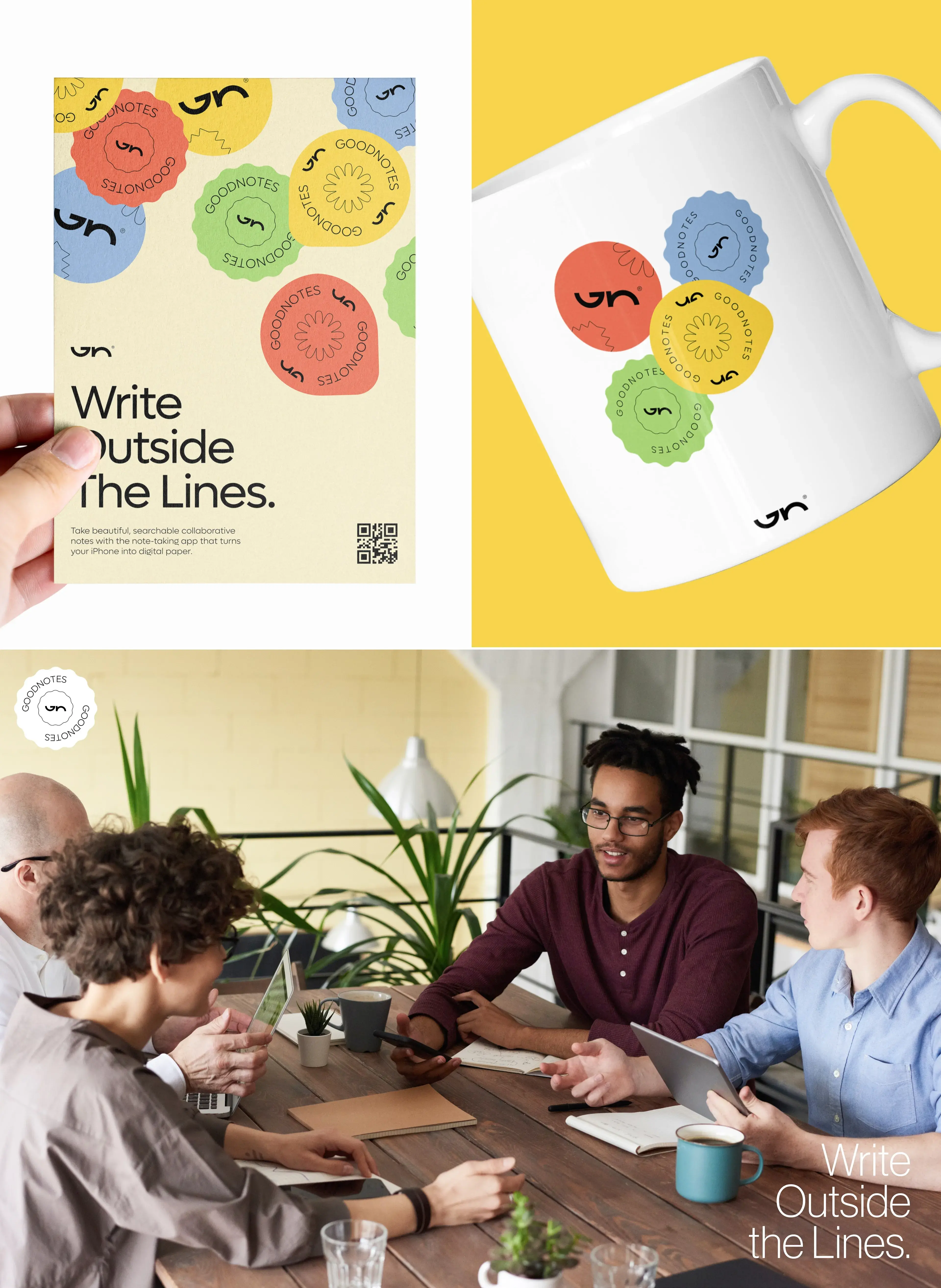 People collaborating on graphic design for a mobile app branding case study.