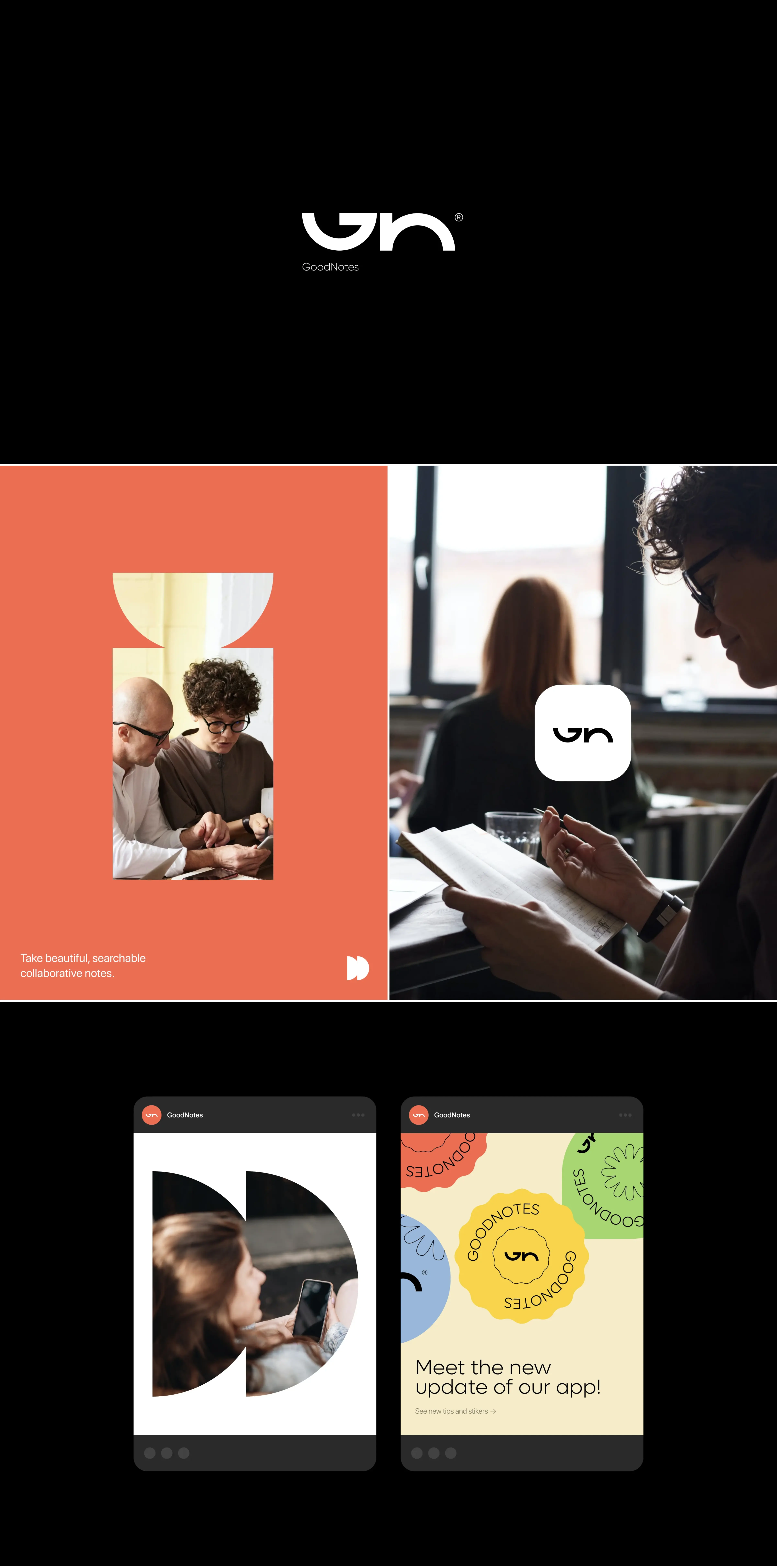 Collage screenshot showcasing GoodNotes branding and mobile app design.