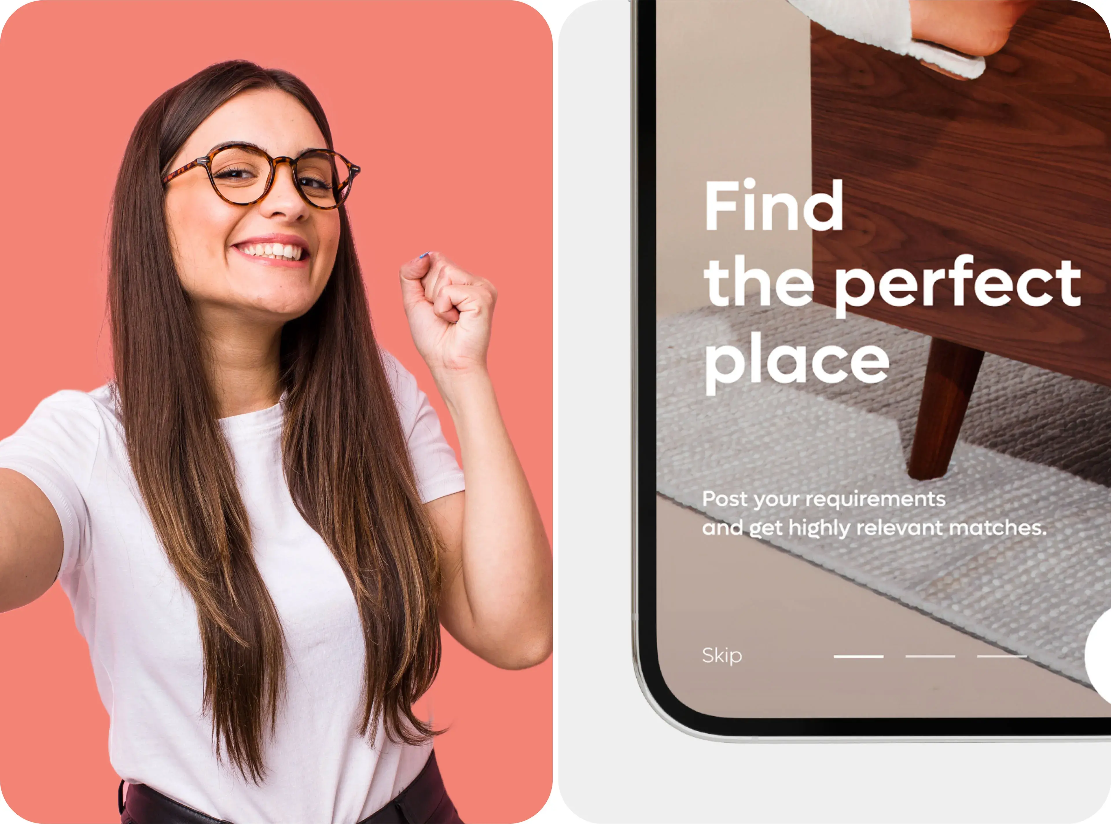 Screenshot of a mobile real estate app's UX/UI design, showing the "Find the perfect place" screen. Screenshot of a mobile real estate app's UX/UI design, showing the "Find the perfect place" screen.