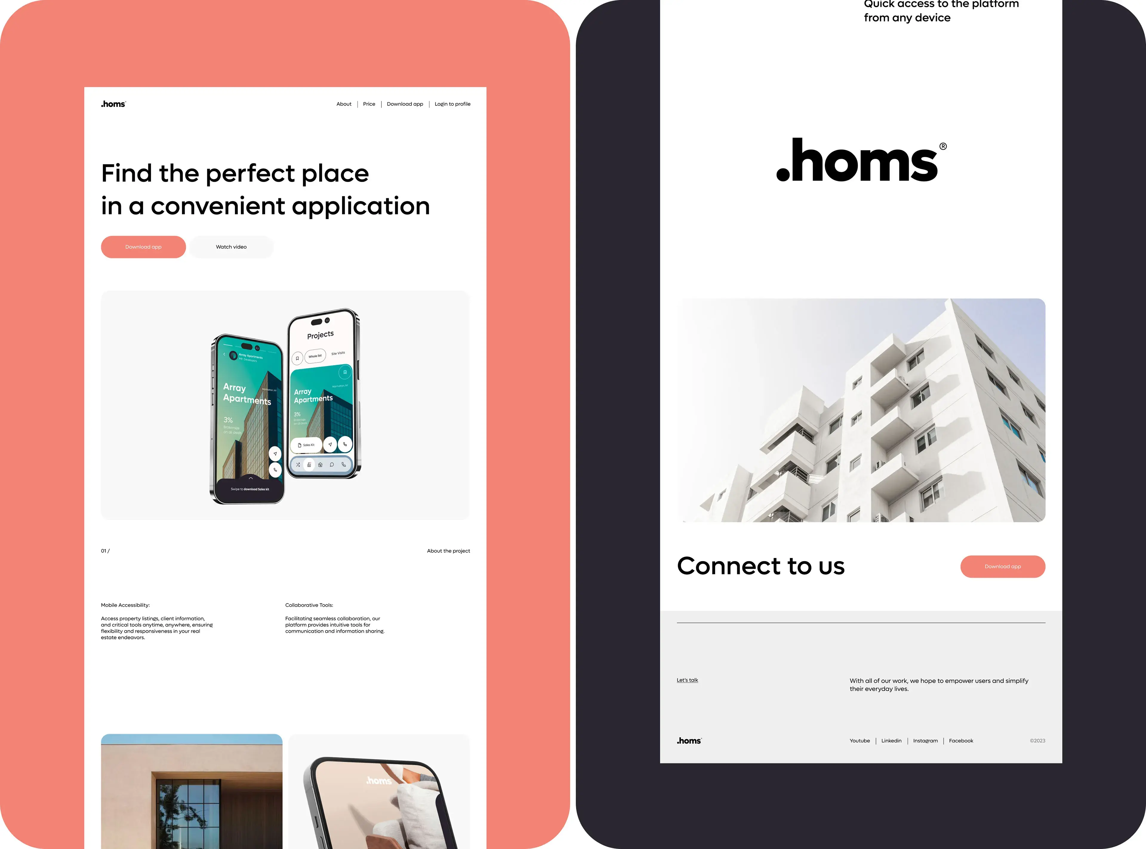 Homs real estate property app UX/UI design shown on a mobile phone. Homs real estate property app UX/UI design shown on a mobile phone.