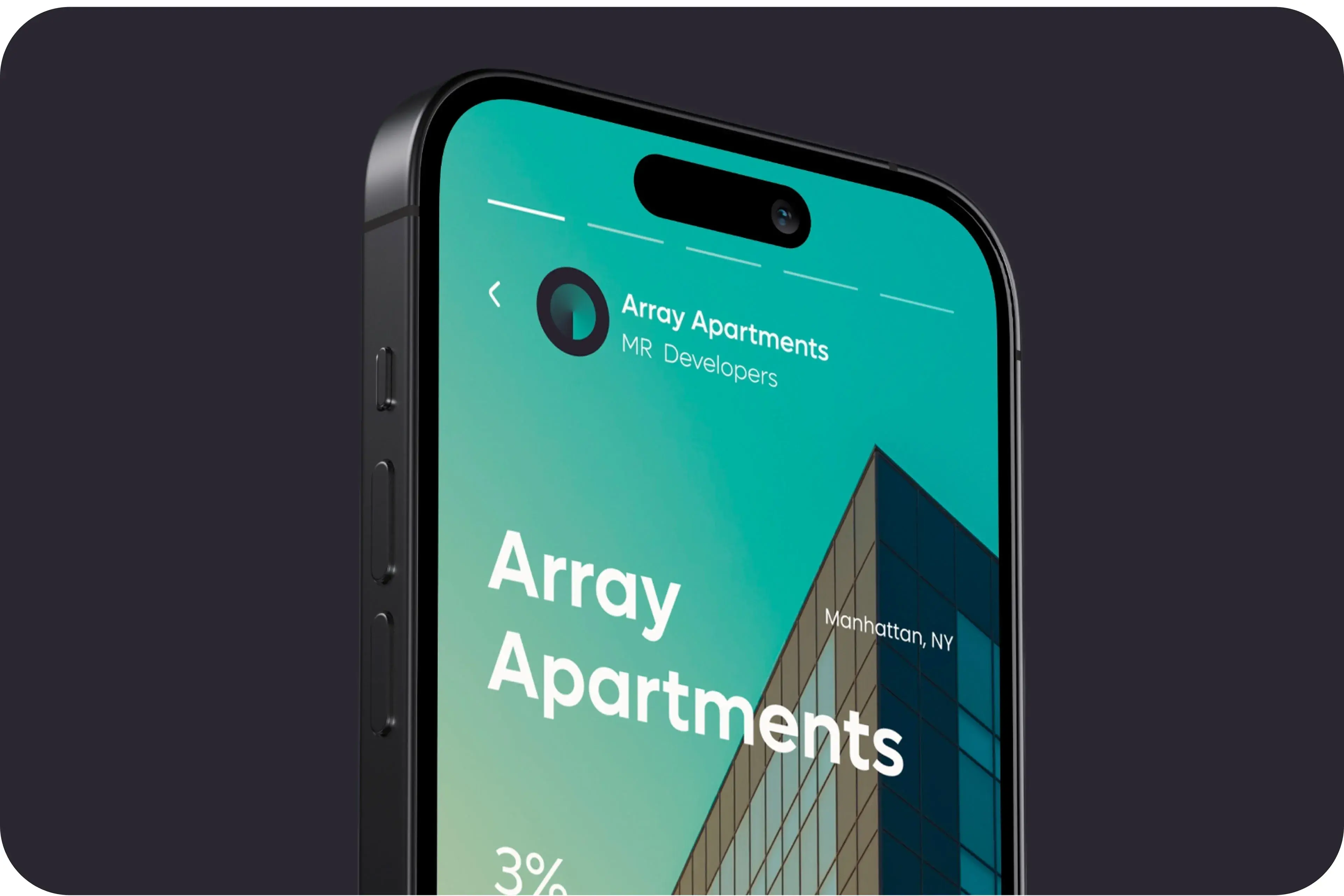 Screenshot of Homs real estate app interface on iPhone, showing details for Array Apartments. Screenshot of Homs real estate app interface on iPhone, showing details for Array Apartments.