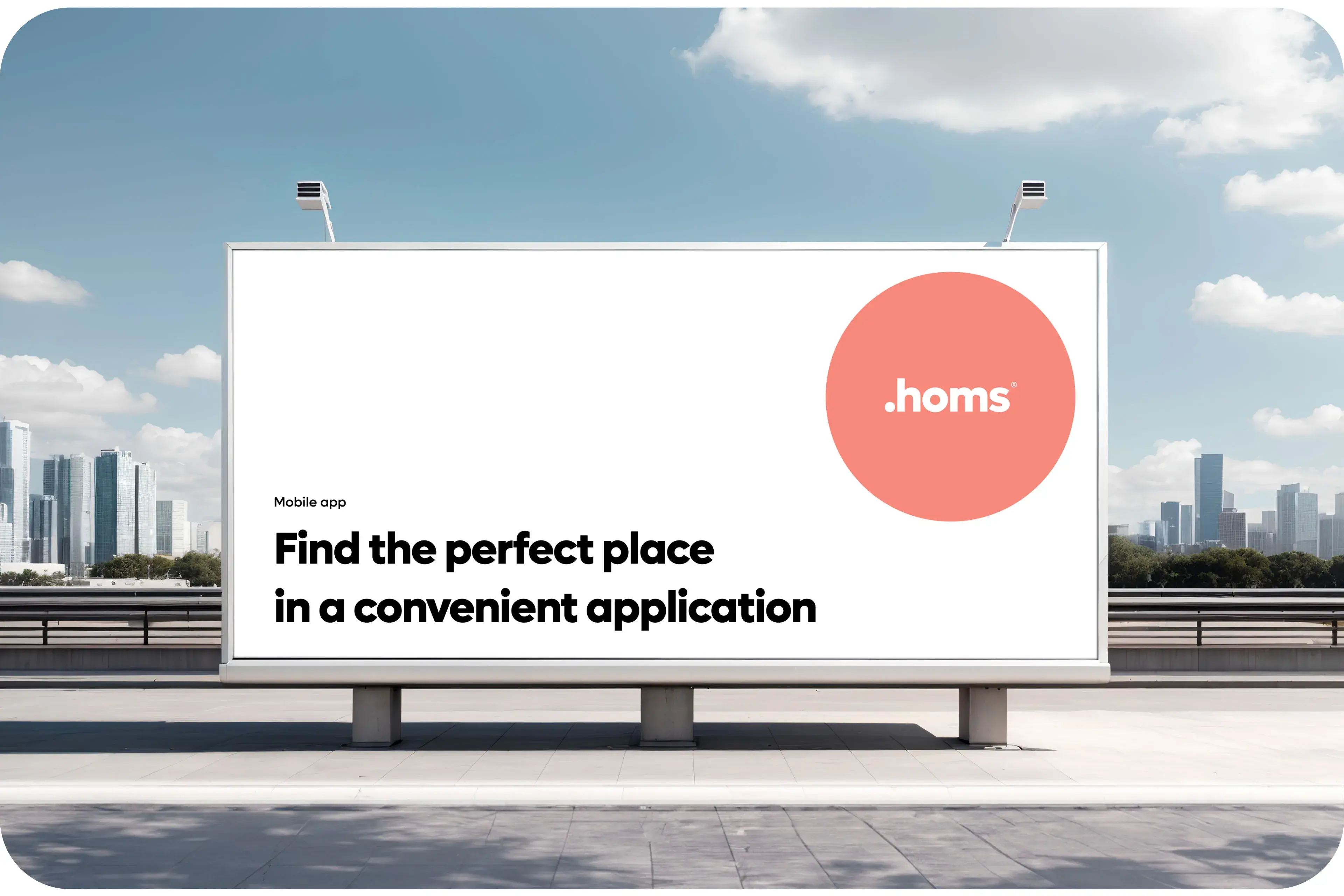 Homs real estate mobile app screenshot in a promotional design mockup. Homs real estate mobile app screenshot in a promotional design mockup.
