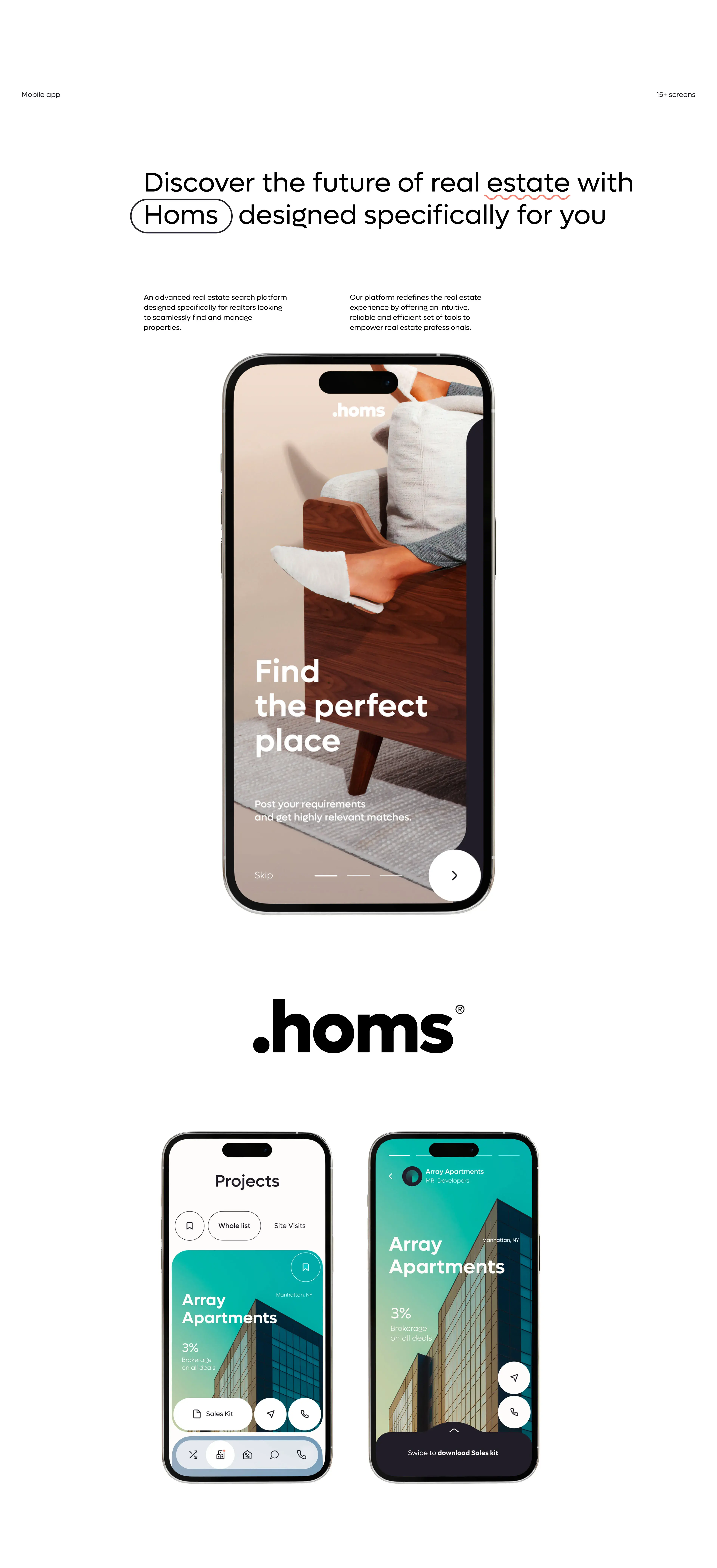 Screenshot of the Homs real estate property app on a smartphone. Screenshot of the Homs real estate property app on a smartphone.