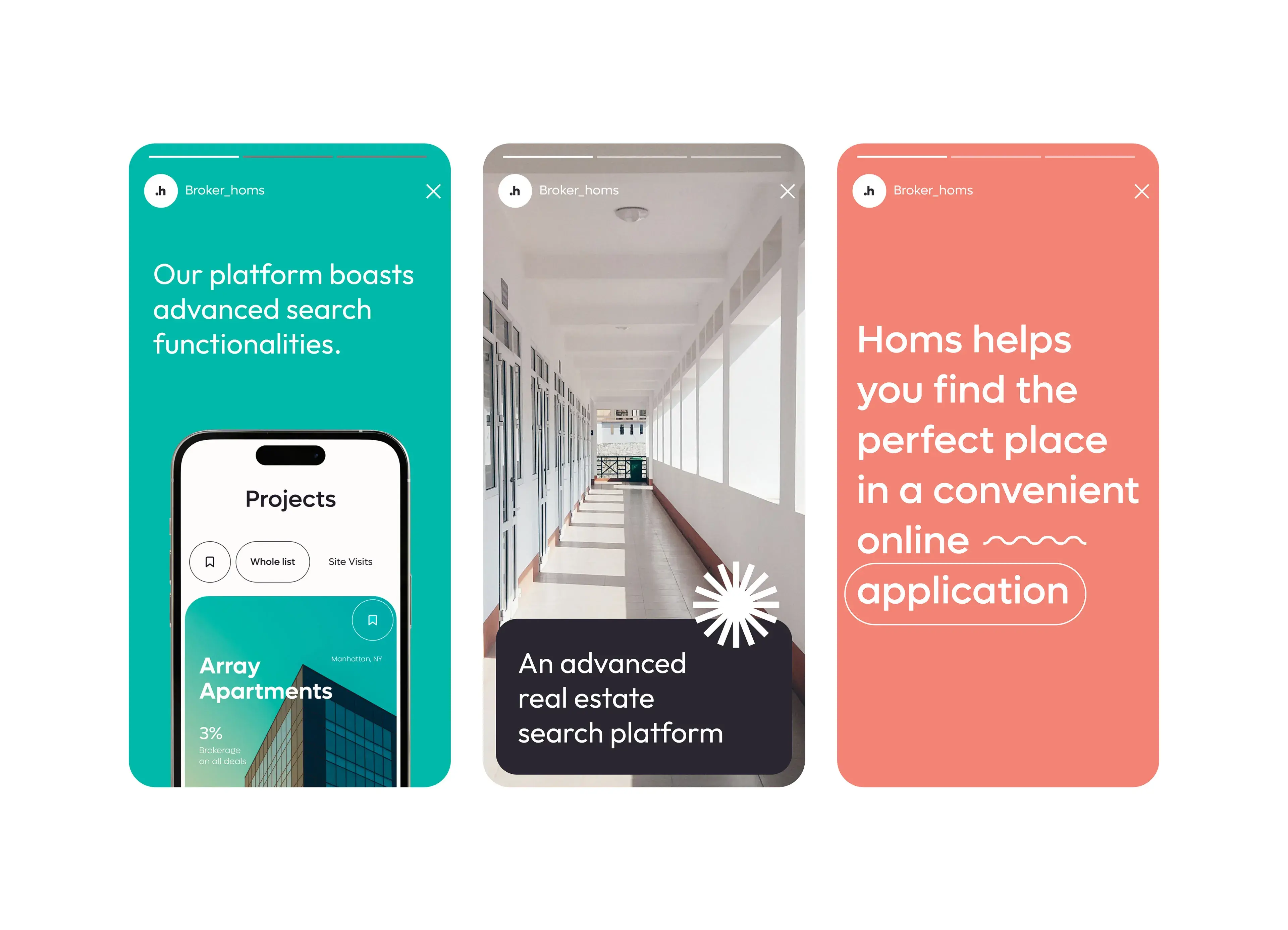 A screenshot of the Homs real estate property mobile app user interface on a smartphone. A screenshot of the Homs real estate property mobile app user interface on a smartphone.