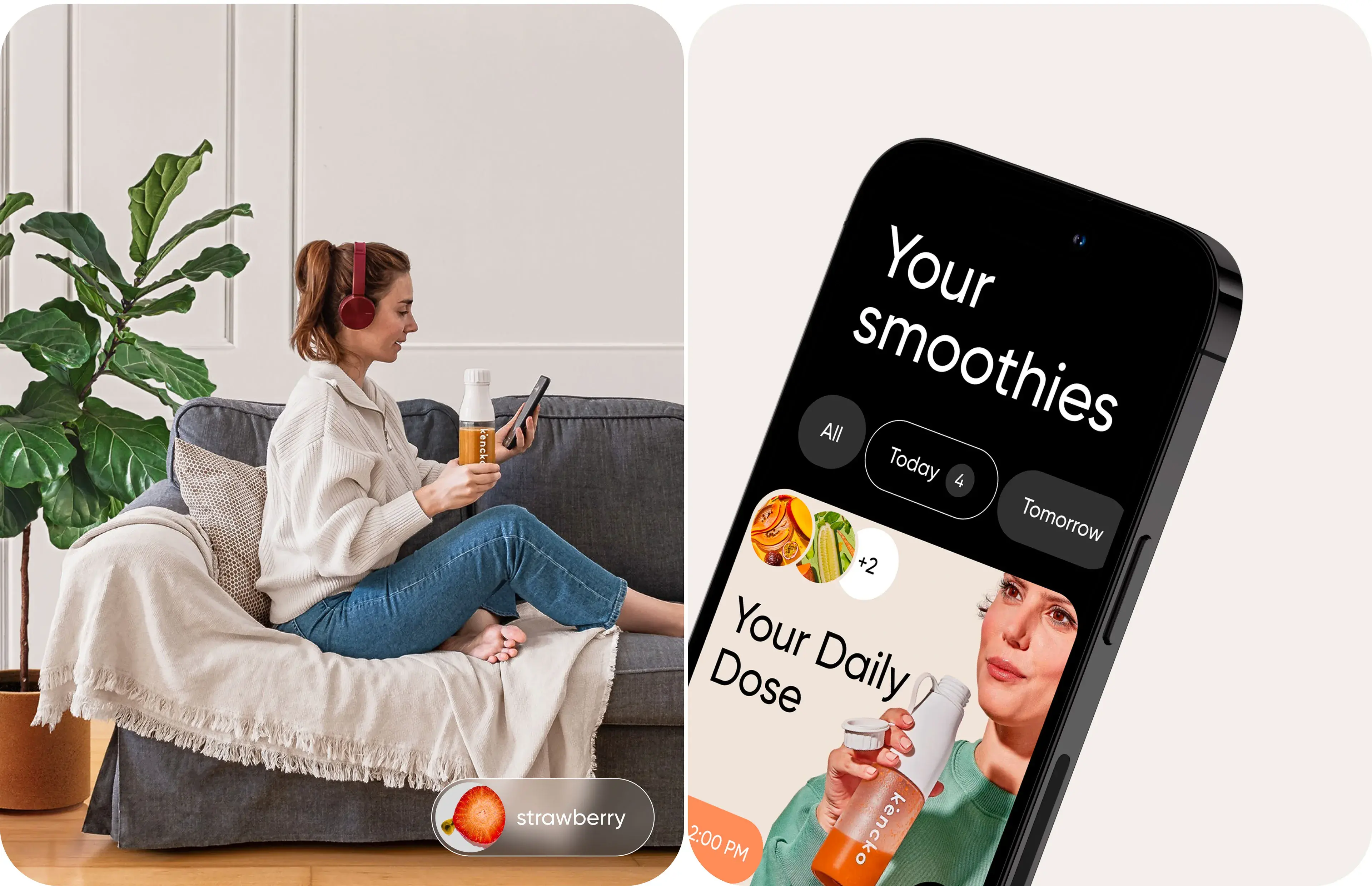 Screenshot of the Kencko mobile app interface showing daily smoothie tracking details and a scheduled dose. Screenshot of the Kencko mobile app interface showing daily smoothie tracking details and a scheduled dose.