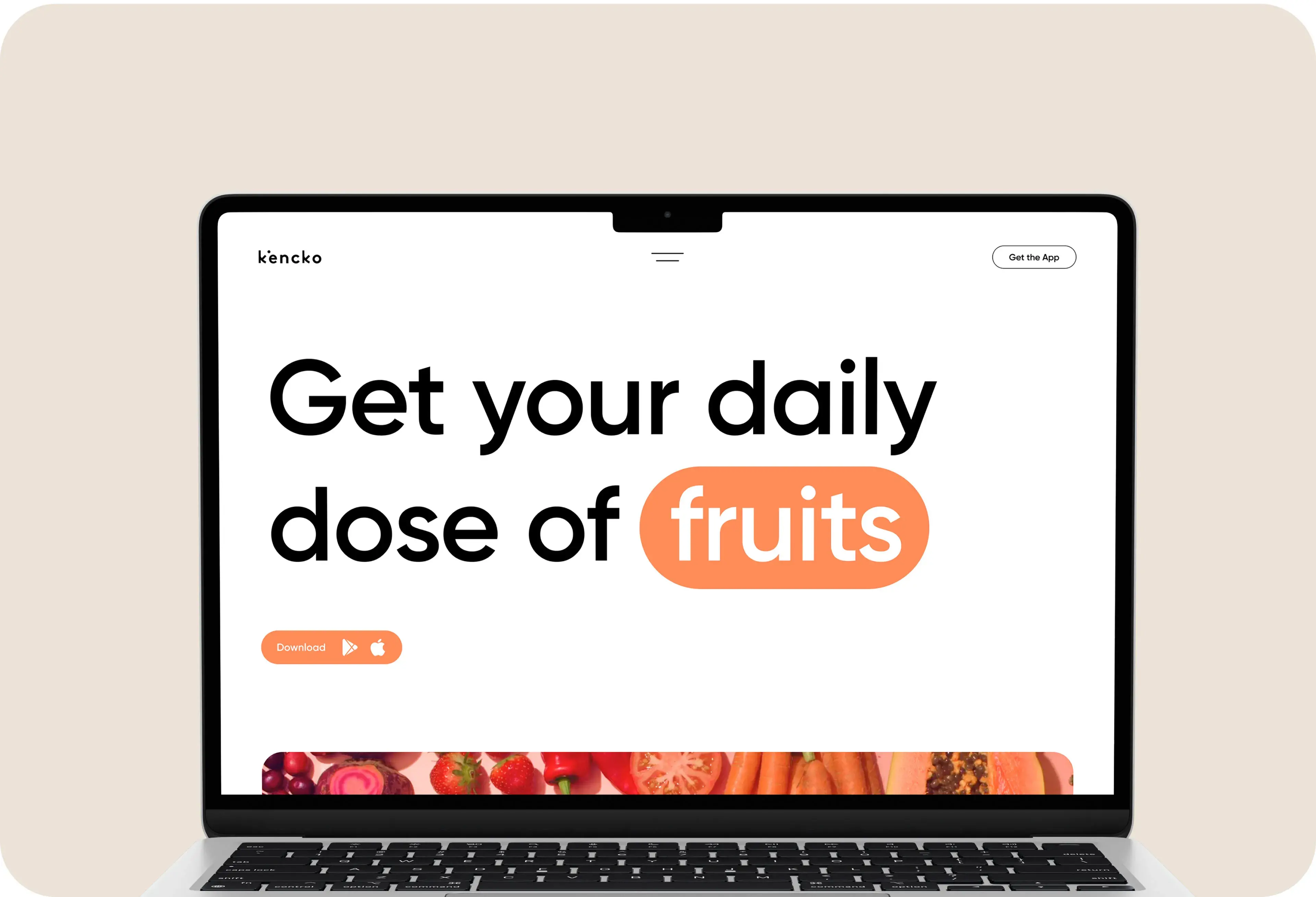 Graphic promoting the kencko mobile app: 'Get your daily dose of fruits. Download Get the App.'. Graphic promoting the kencko mobile app: 'Get your daily dose of fruits. Download Get the App.'.
