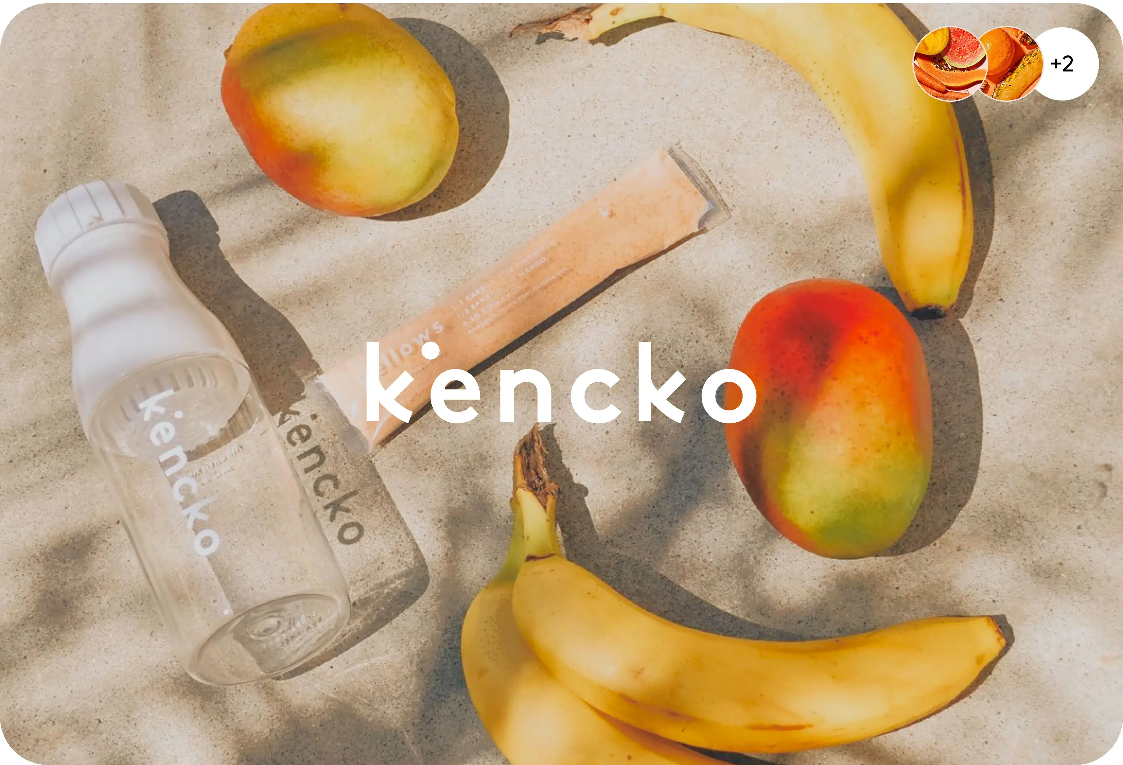 Still life photo of Kencko product ingredients: 1/3 carrot, 1/2 banana, with kencko branding. Still life photo of Kencko product ingredients: 1/3 carrot, 1/2 banana, with kencko branding.