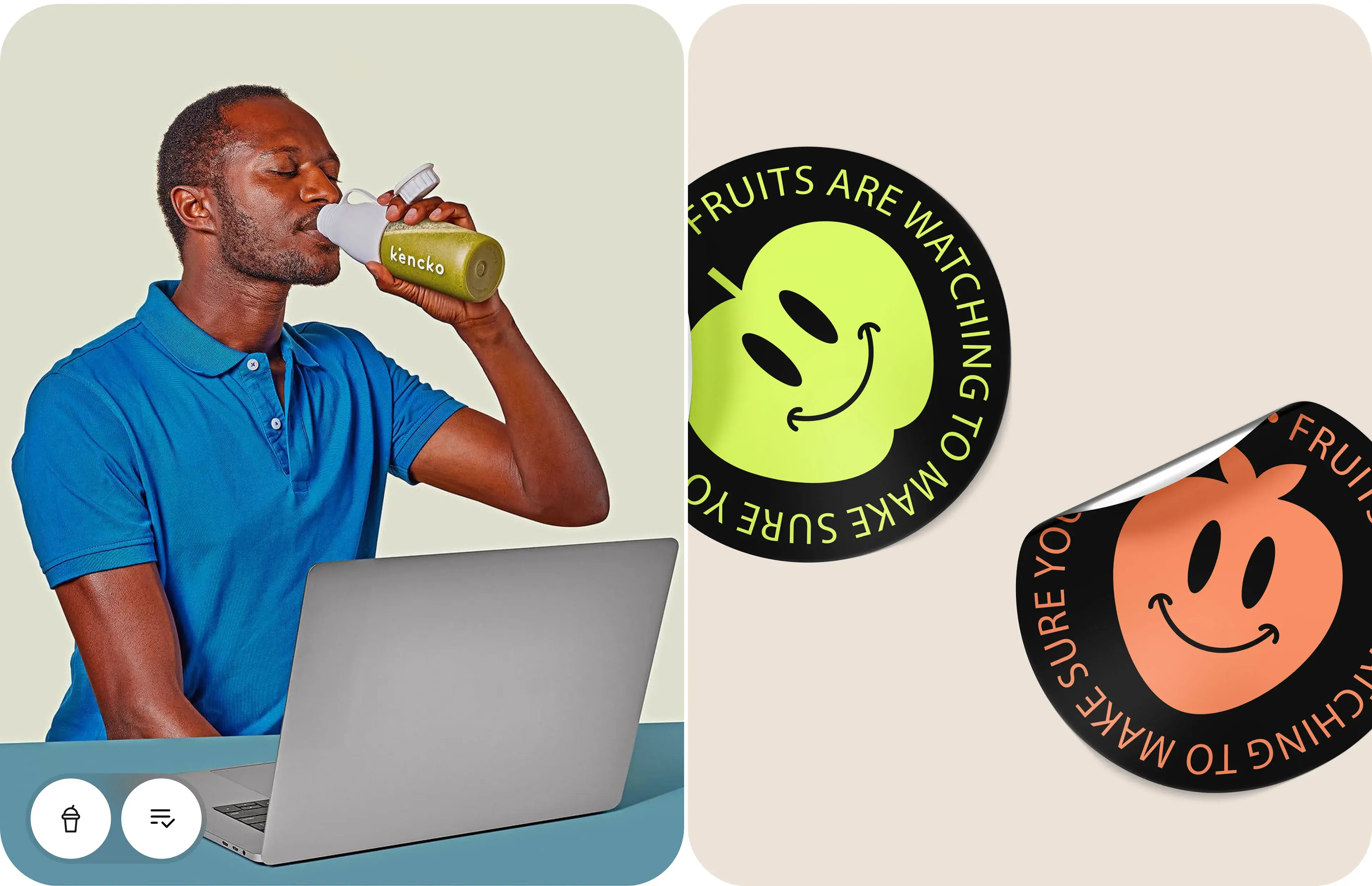 Person with laptop near Kencko branding and bottle, showing "FRUITS ARE WATCHING" text. Person with laptop near Kencko branding and bottle, showing "FRUITS ARE WATCHING" text.